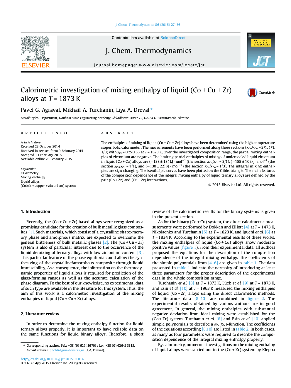 Calorimetric investigation of mixing enthalpy of liquid (Co + Cu + Zr) alloys at T = 1873 K