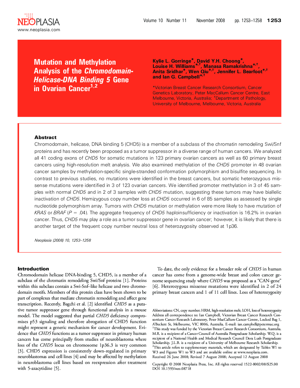 Mutation and Methylation Analysis of the Chromodomain-Helicase-DNA Binding 5 Gene in Ovarian Cancer