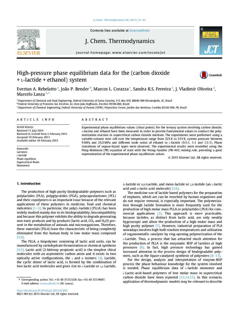 High-pressure phase equilibrium data for the (carbon dioxide + l-lactide + ethanol) system