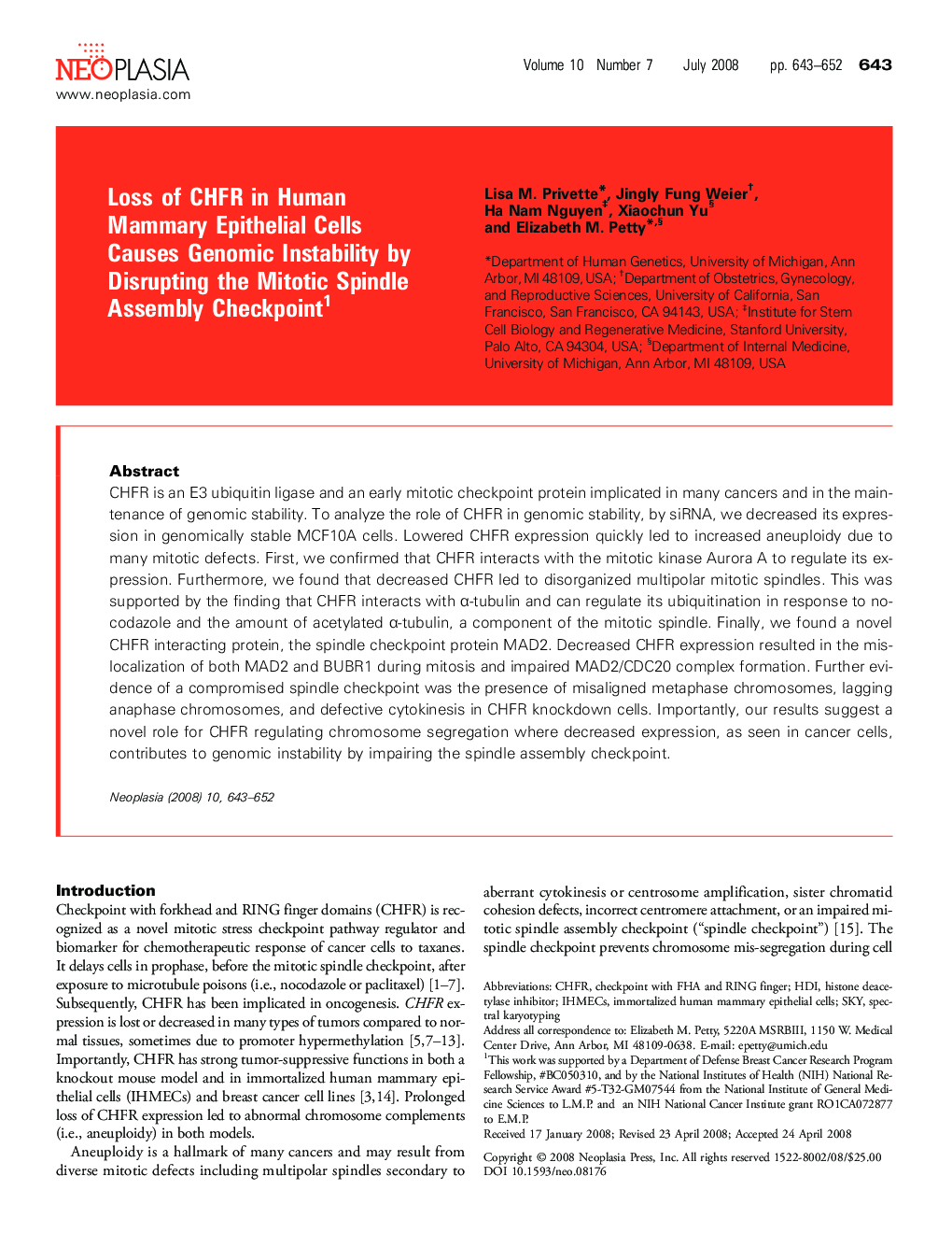 Loss of CHFR in Human Mammary Epithelial Cells Causes Genomic Instability by Disrupting the Mitotic Spindle Assembly Checkpoint