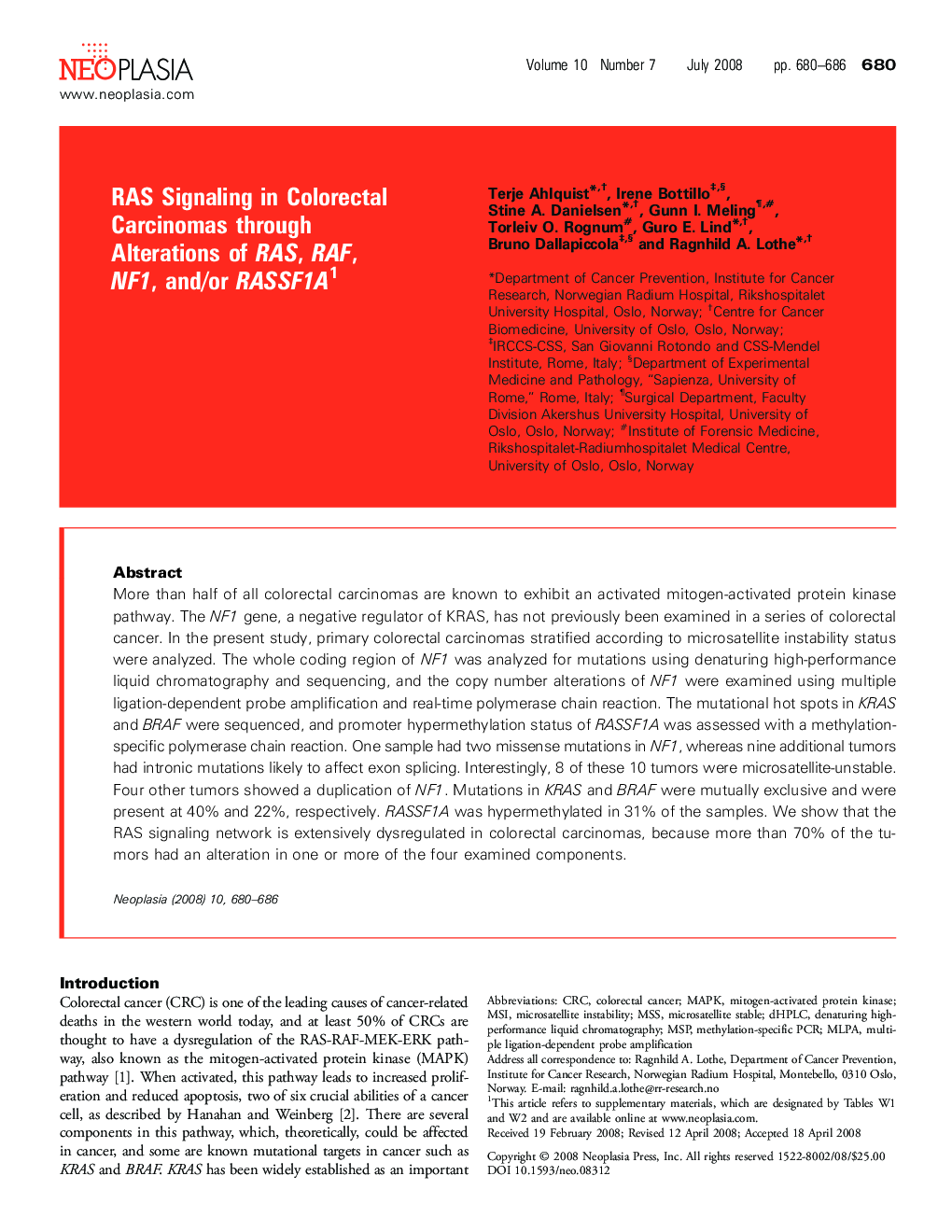 RAS Signaling in Colorectal Carcinomas through Alteration of RAS, RAF, NF1, and/or RASSF1A