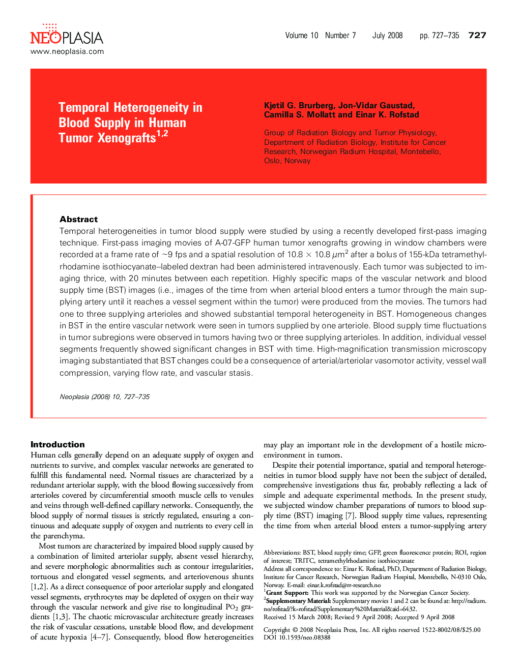 Temporal Heterogeneity in Blood Supply in Human Tumor Xenografts