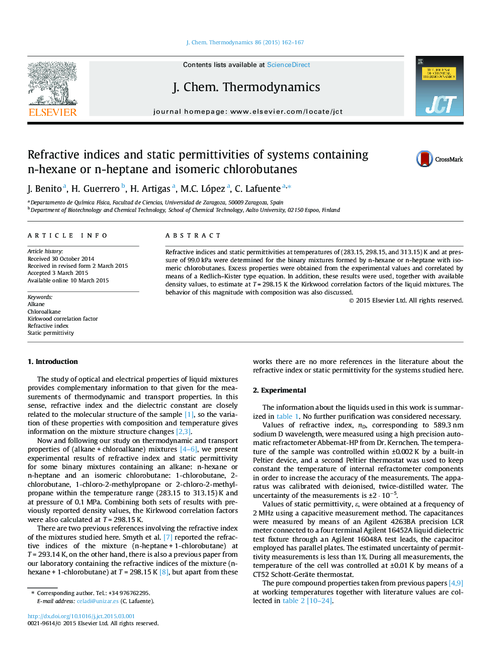 Refractive indices and static permittivities of systems containing n-hexane or n-heptane and isomeric chlorobutanes