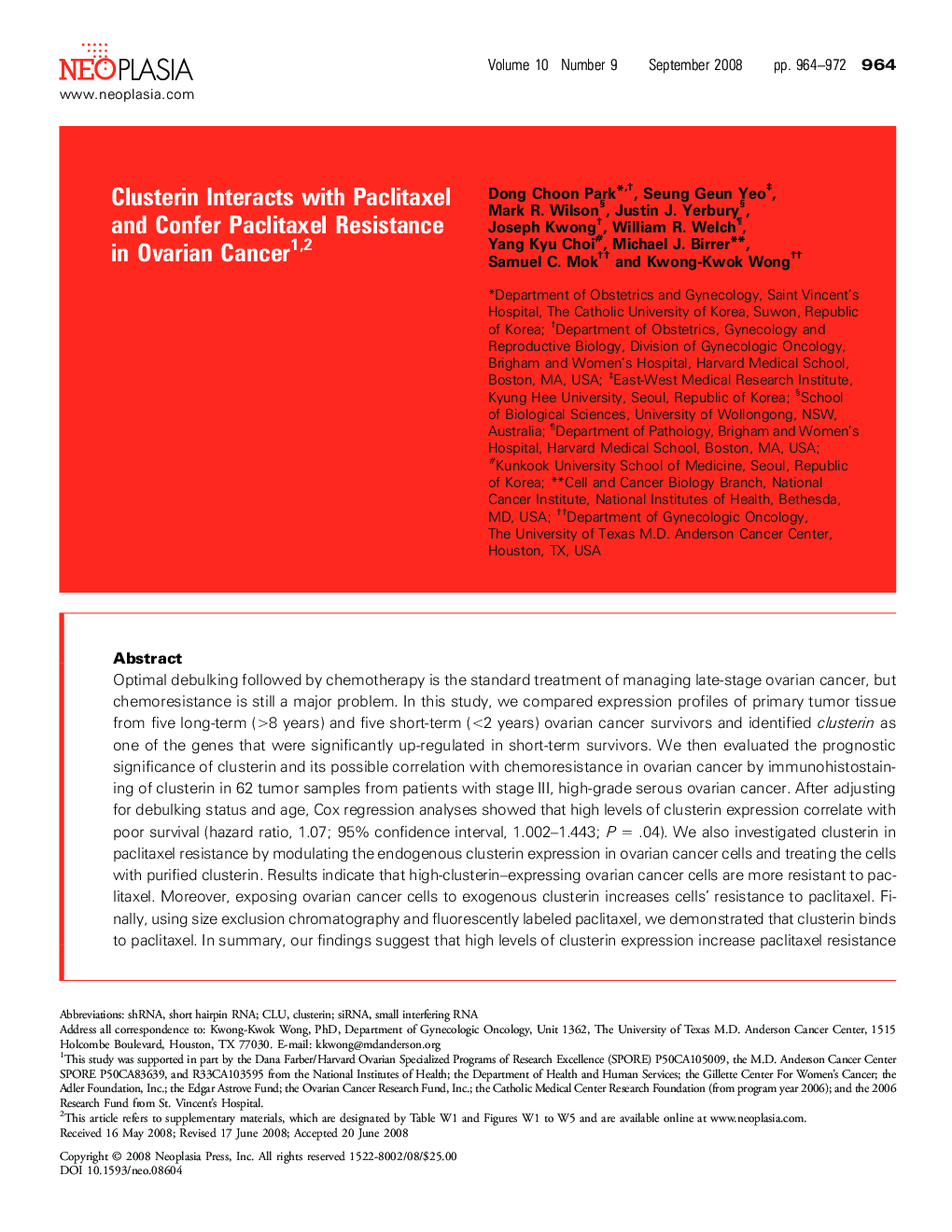 Clusterin Interacts with Paclitaxel and Confer Paclitaxel Resistance in Ovarian Cancer