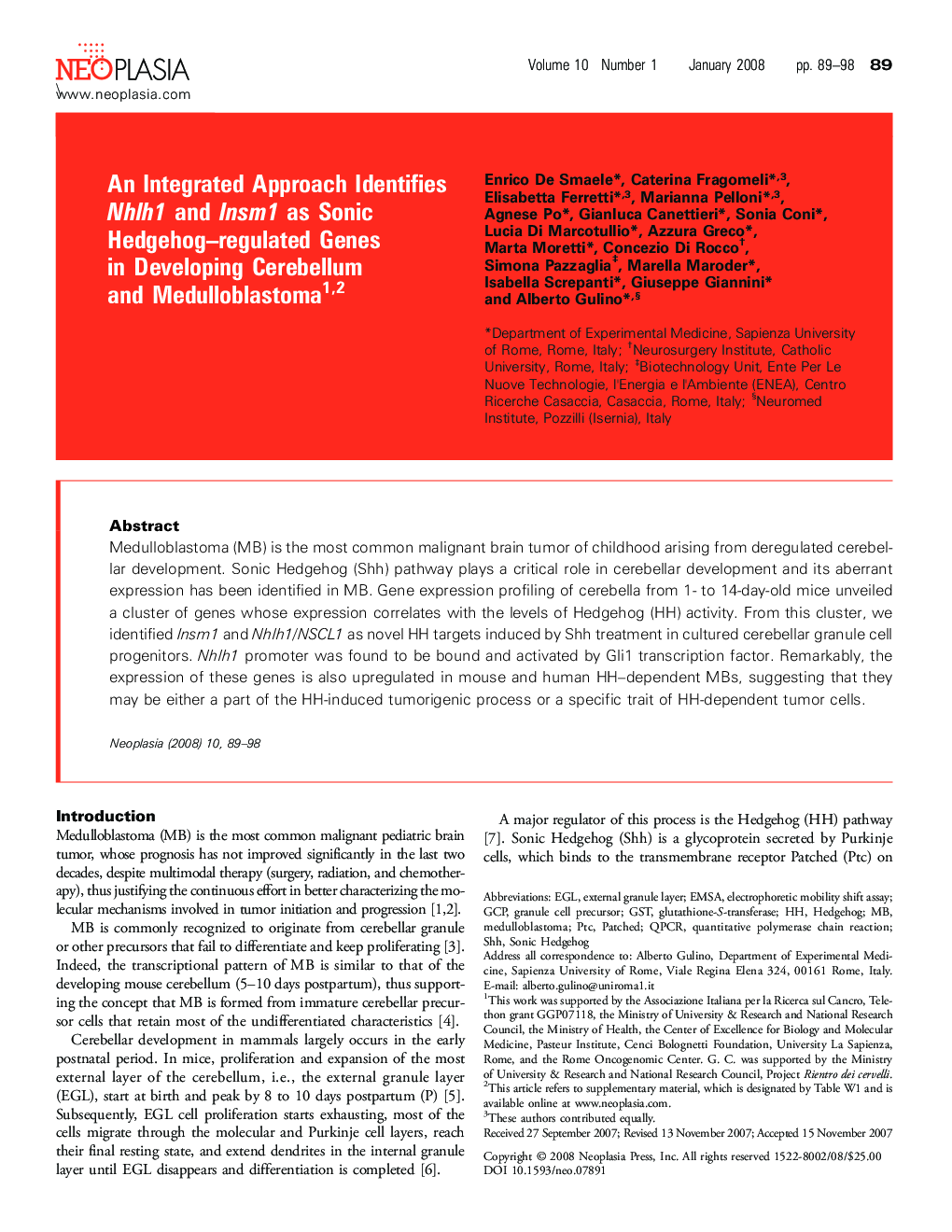 An Integrated Approach Identifies Nhlh1 and Insm1 as Sonic Hedgehog-regulated Genes in Developing Cerebellum and Medulloblastoma