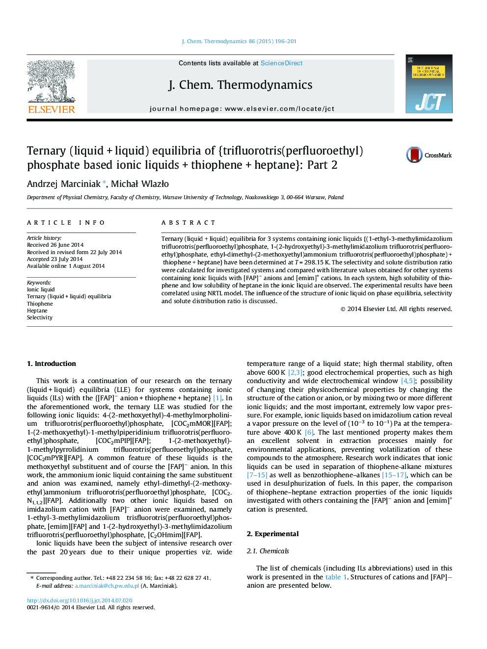 Ternary (liquid + liquid) equilibria of {trifluorotris(perfluoroethyl)phosphate based ionic liquids + thiophene + heptane}: Part 2