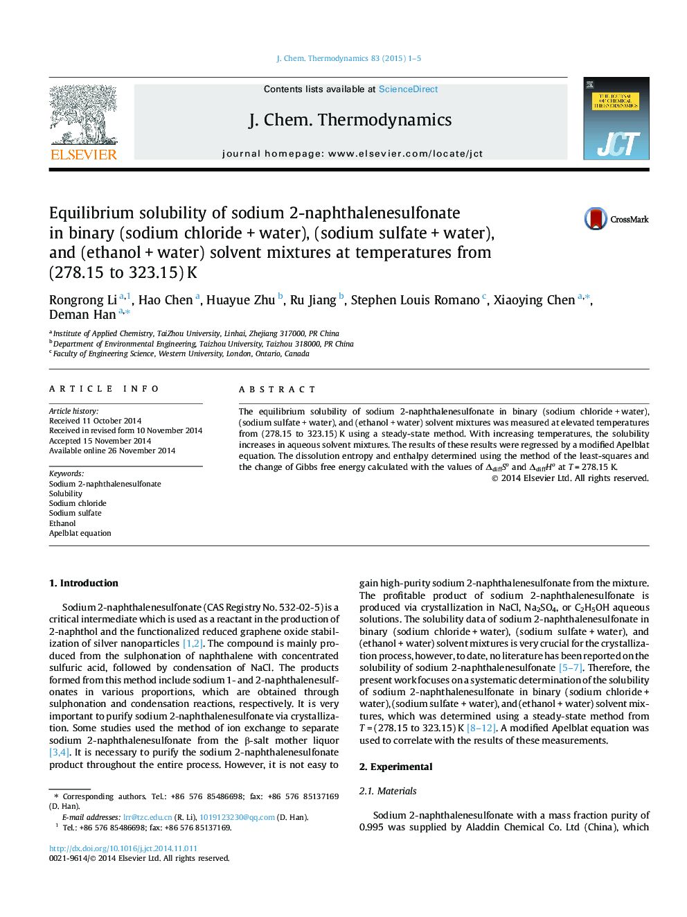 Equilibrium solubility of sodium 2-naphthalenesulfonate in binary (sodium chloride + water), (sodium sulfate + water), and (ethanol + water) solvent mixtures at temperatures from (278.15 to 323.15) K