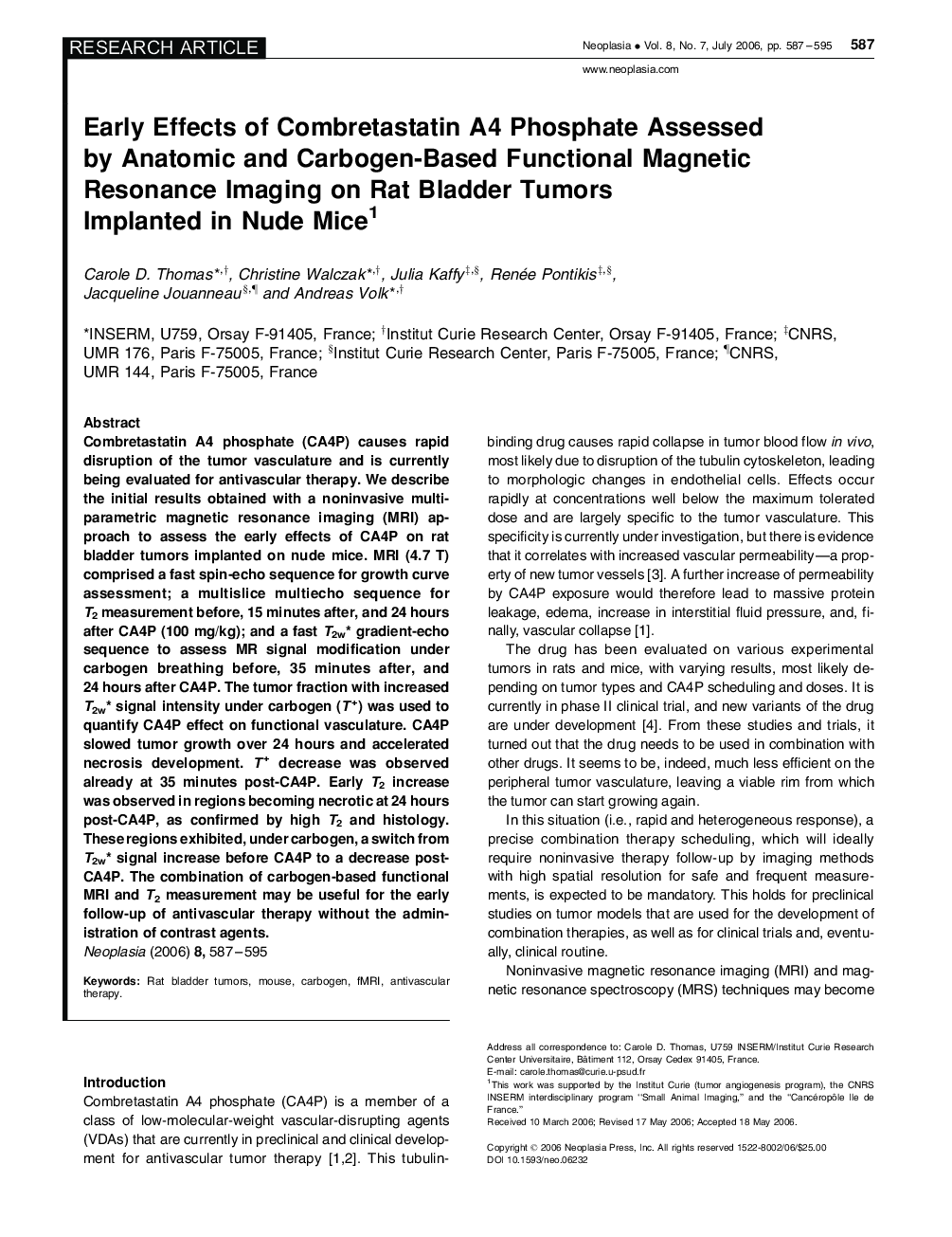 عکس صفحه اول مقاله: Early Effects of Combretastatin A4 Phosphate Assessed by Anatomic and Carbogen-Based Functional Magnetic Resonance Imaging on Rat Bladder Tumors Implanted in Nude Mice 1 Early Effects of Combretastatin A4 Phosphate Assessed by Anatomic and Carbogen-Based Functional Magnetic Resonance Imaging on Rat Bladder Tumors Implanted in Nude Mice 1