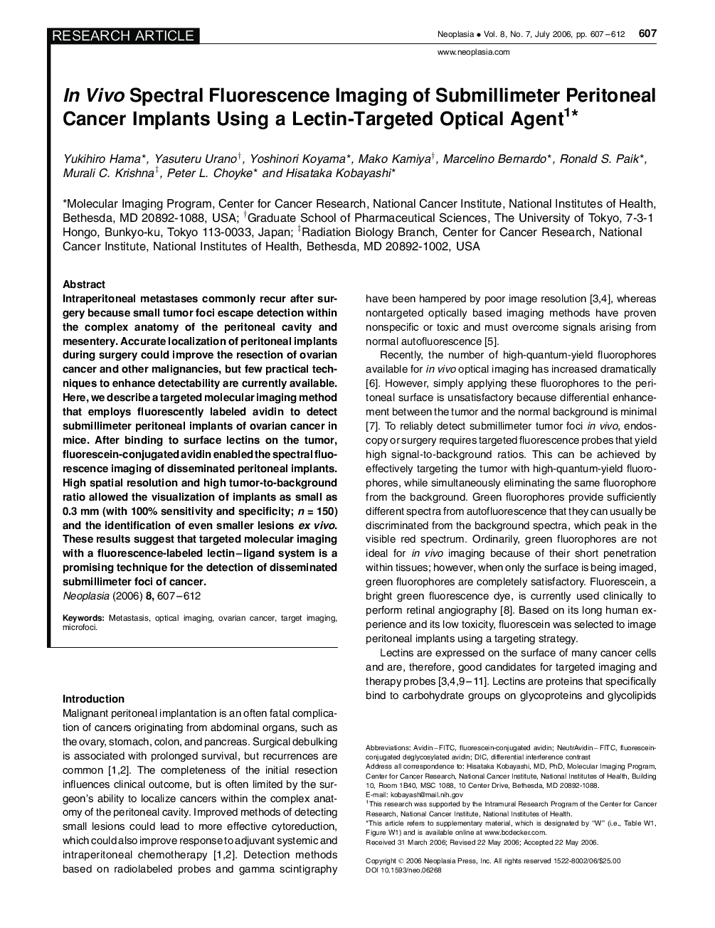 In Vivo Spectral Fluorescence Imaging of Submillimeter Peritoneal Cancer Implants Using a Lectin-Targeted Optical Agent