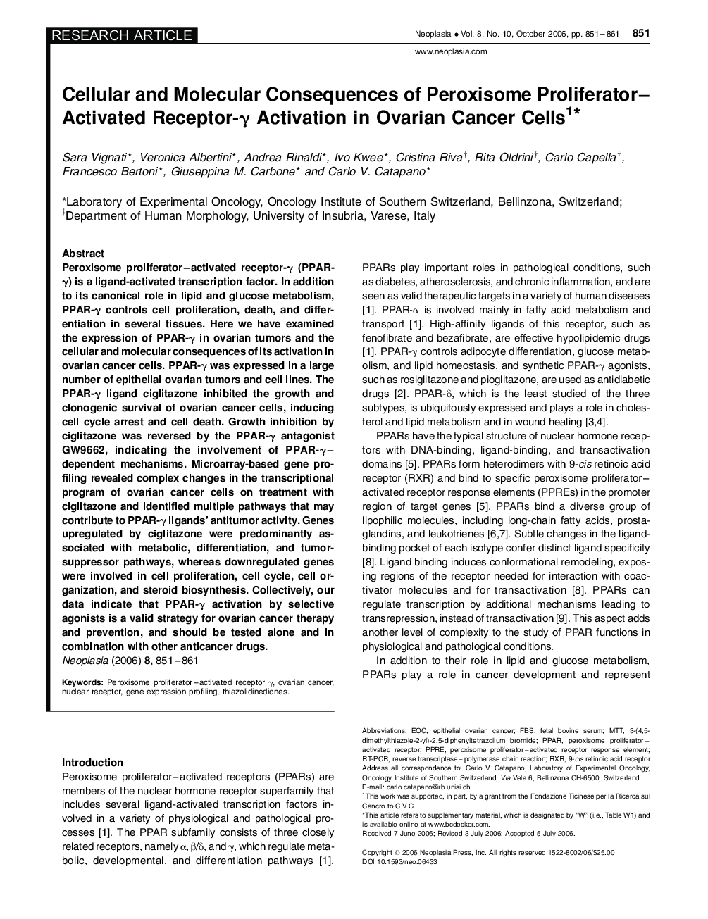 Cellular, Molecular Consequences of Peroxisome Proliferator- Activated Receptor-Î´ Activation in Ovarian Cancer Cells