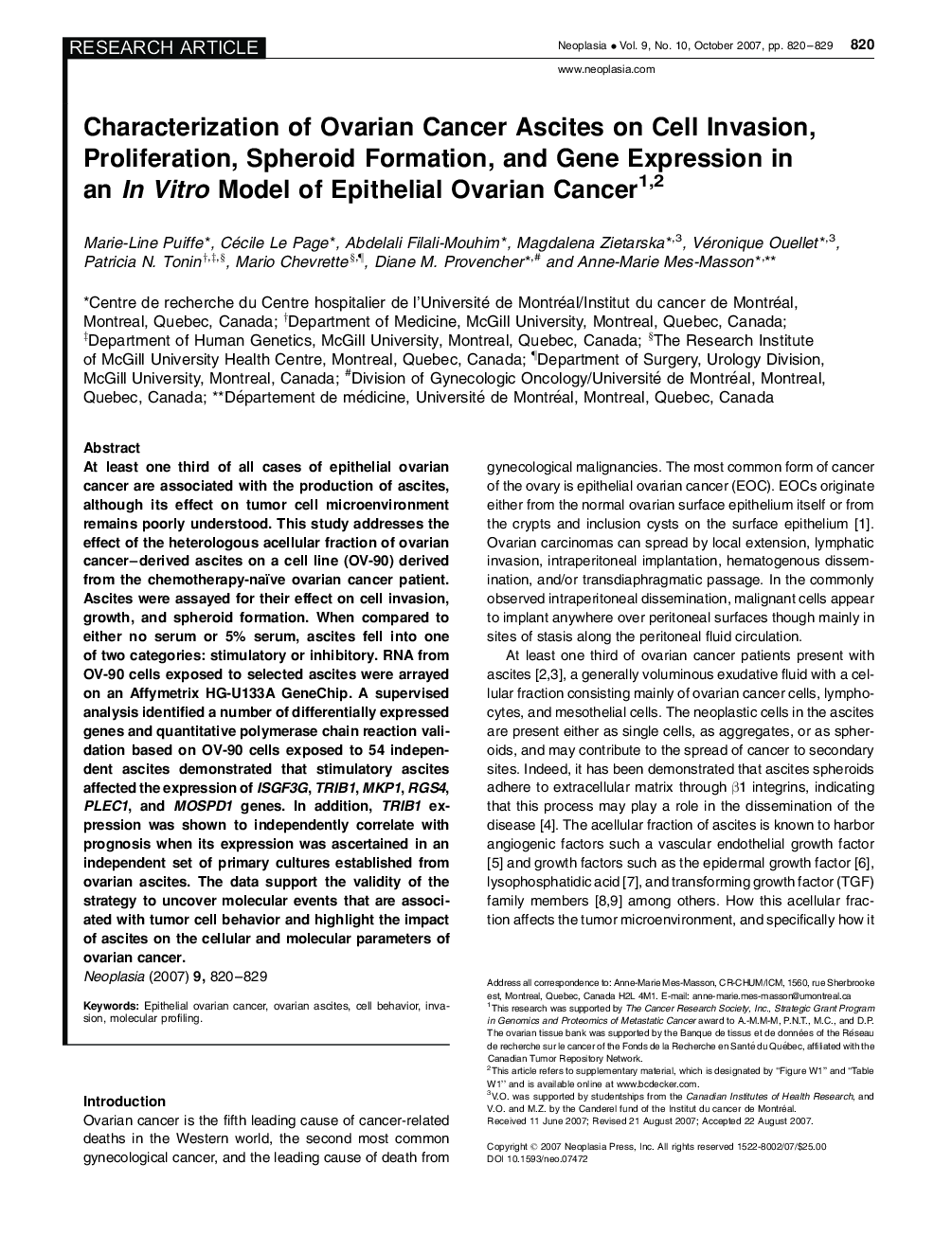 Characterization of Ovarian Cancer Ascites on Cell Invasion, Proliferation, Spheroid Formation, Gene Expression in an In Vitro Model of Epithelial Ovarian Cancer