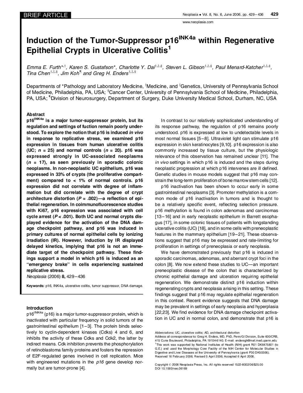 عکس صفحه اول مقاله: Induction of the Tumor-Suppressor p16INK4a within Regenerative Epithelial Crypts in Ulcerative Colitis 1 Induction of the Tumor-Suppressor p16INK4a within Regenerative Epithelial Crypts in Ulcerative Colitis 1