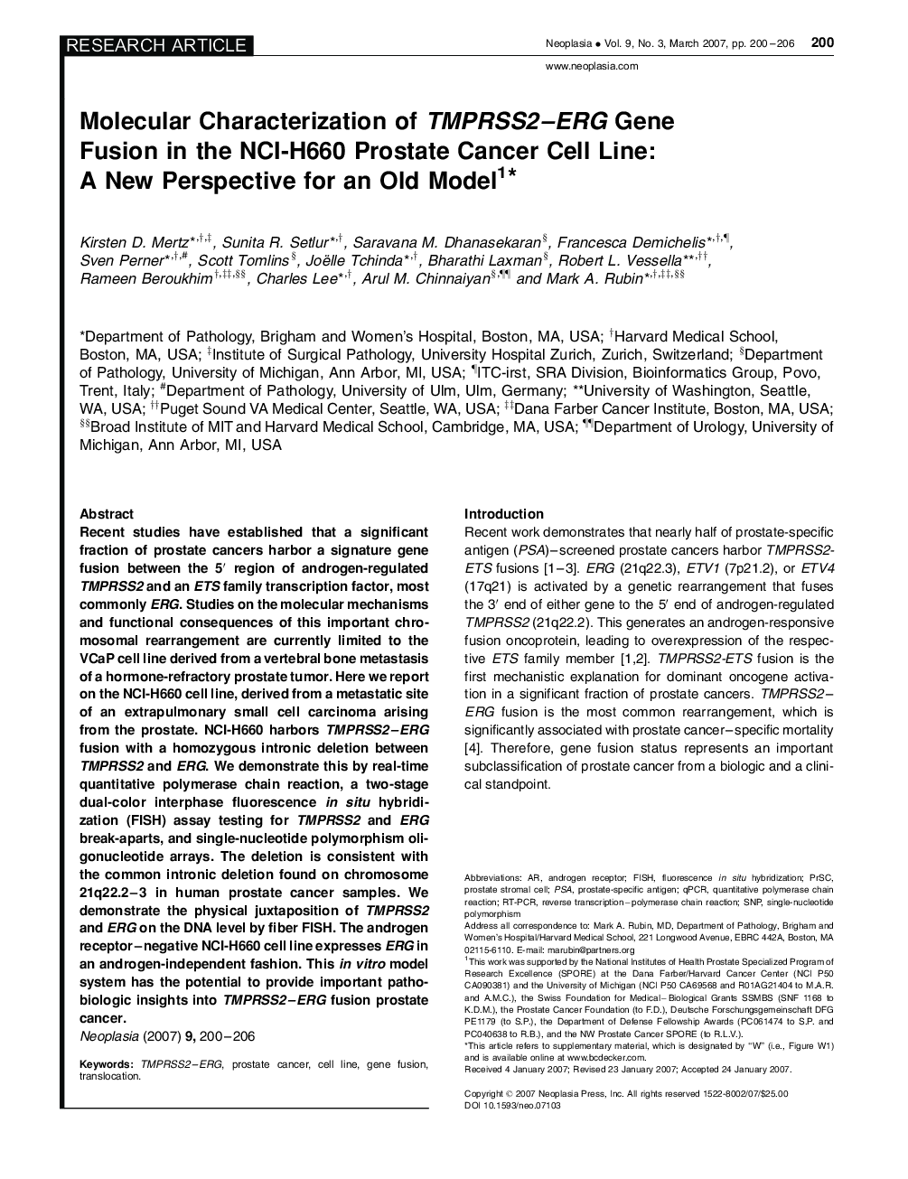 Molecular Characterization of TMPRSS2-ERG Gene Fusion in the NCI-H660 Prostate Cancer Cell Line: A New Perspective for an Old Model