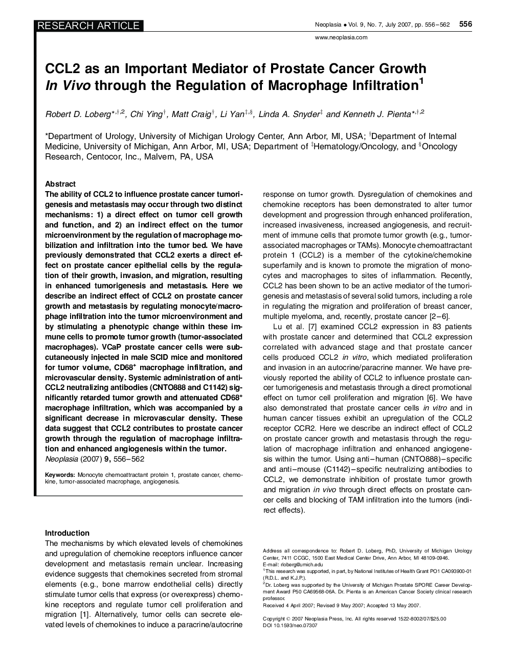 CCL2 as an Important Mediator of Prostate Cancer Growth In Vivo through the Regulation of Macrophage Infiltration