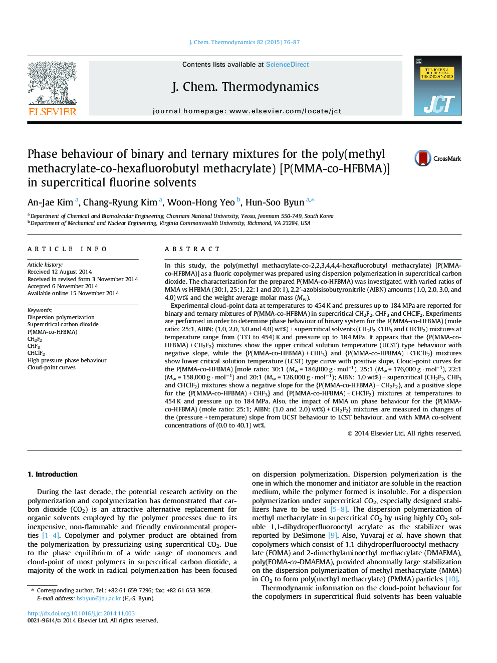 Phase behaviour of binary and ternary mixtures for the poly(methyl methacrylate-co-hexafluorobutyl methacrylate) [P(MMA-co-HFBMA)] in supercritical fluorine solvents