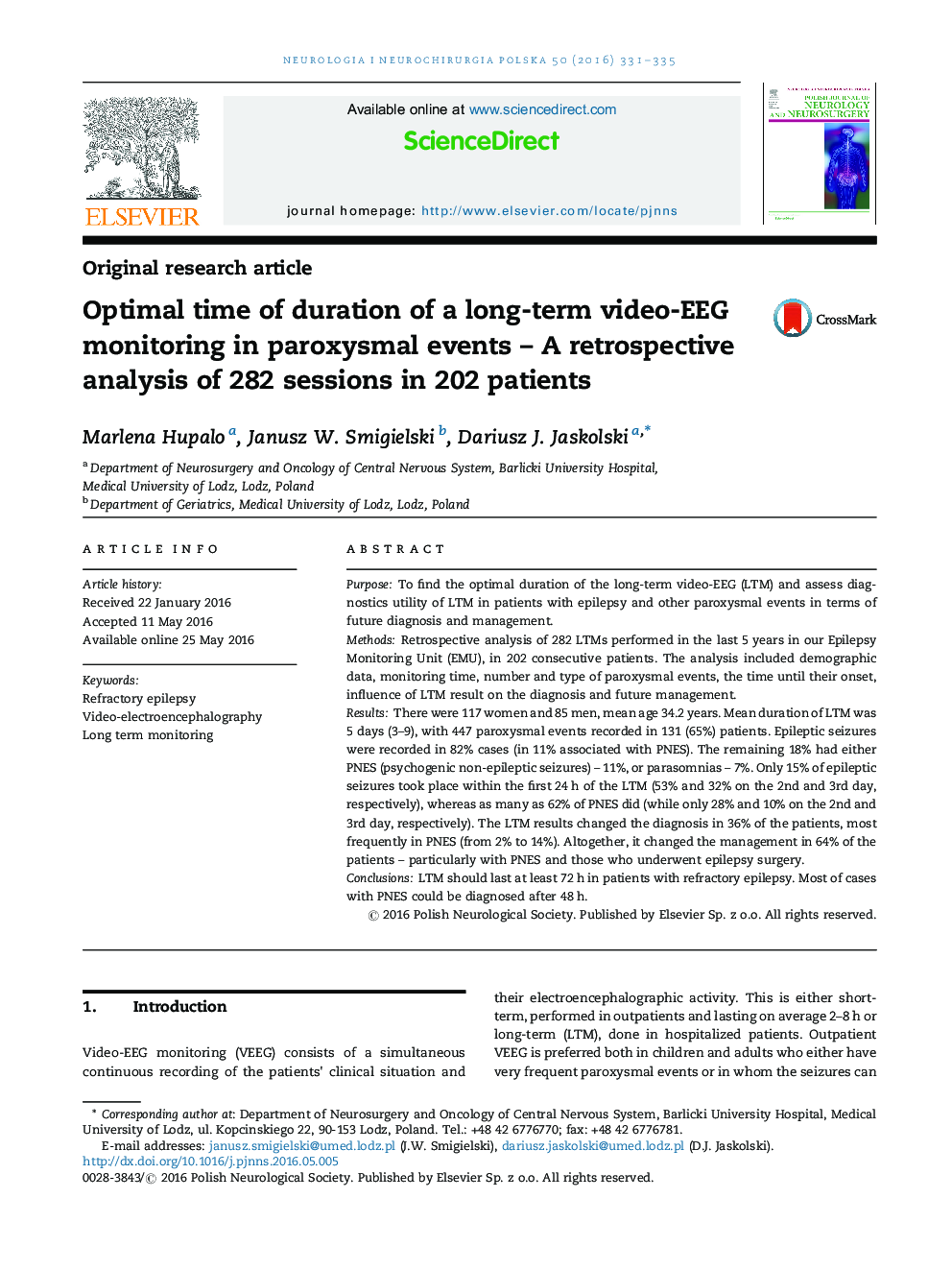 Optimal time of duration of a long-term video-EEG monitoring in paroxysmal events – A retrospective analysis of 282 sessions in 202 patients