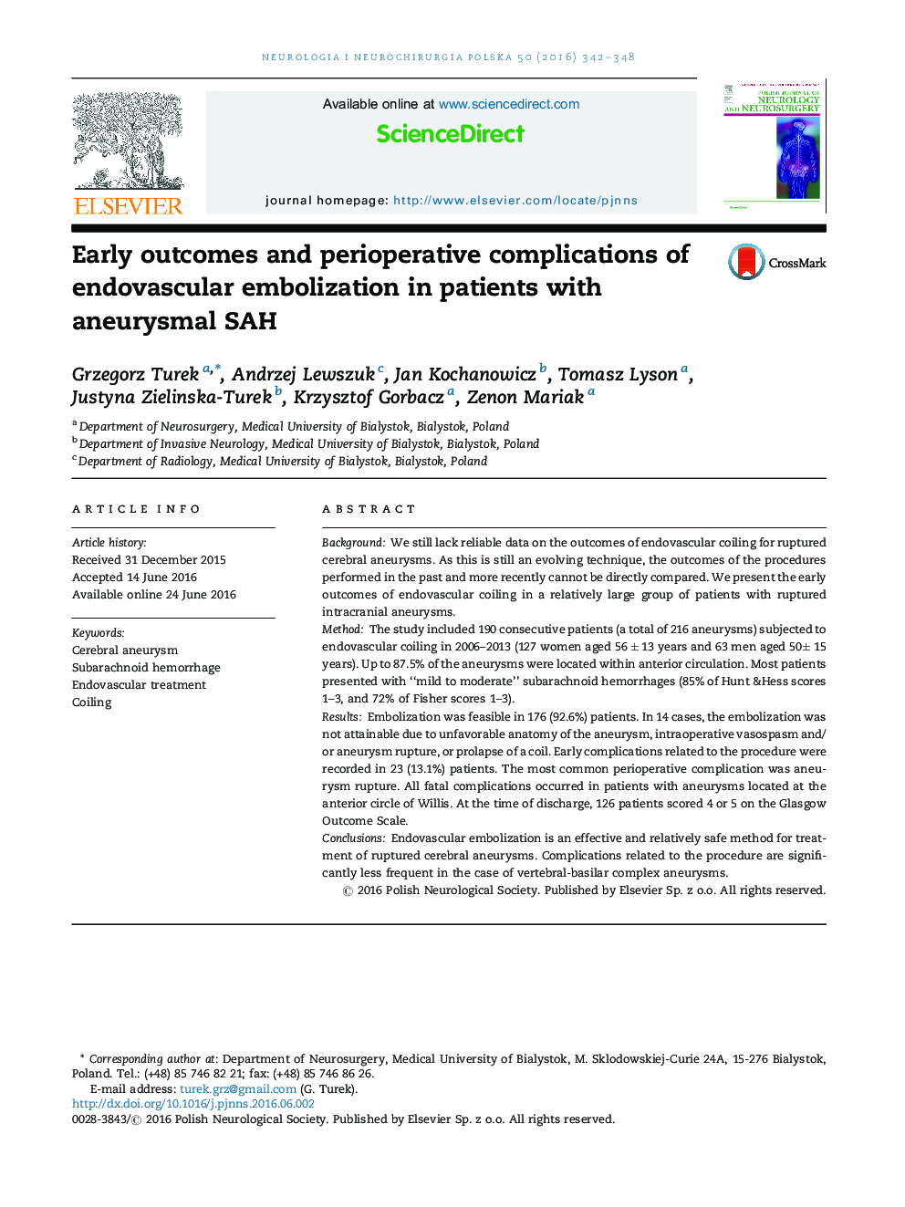 Early outcomes and perioperative complications of endovascular embolization in patients with aneurysmal SAH