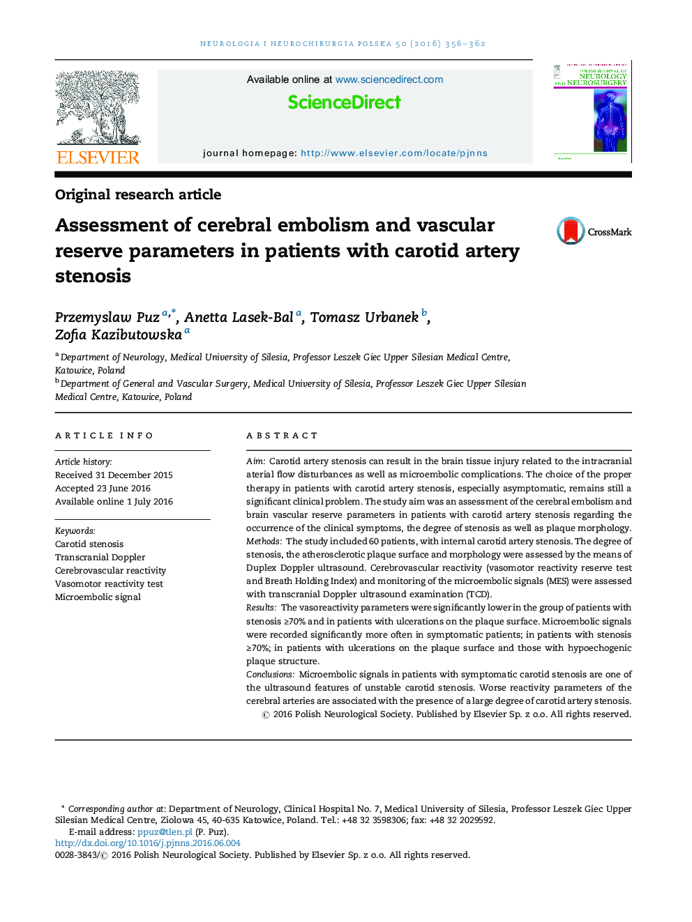 Assessment of cerebral embolism and vascular reserve parameters in patients with carotid artery stenosis