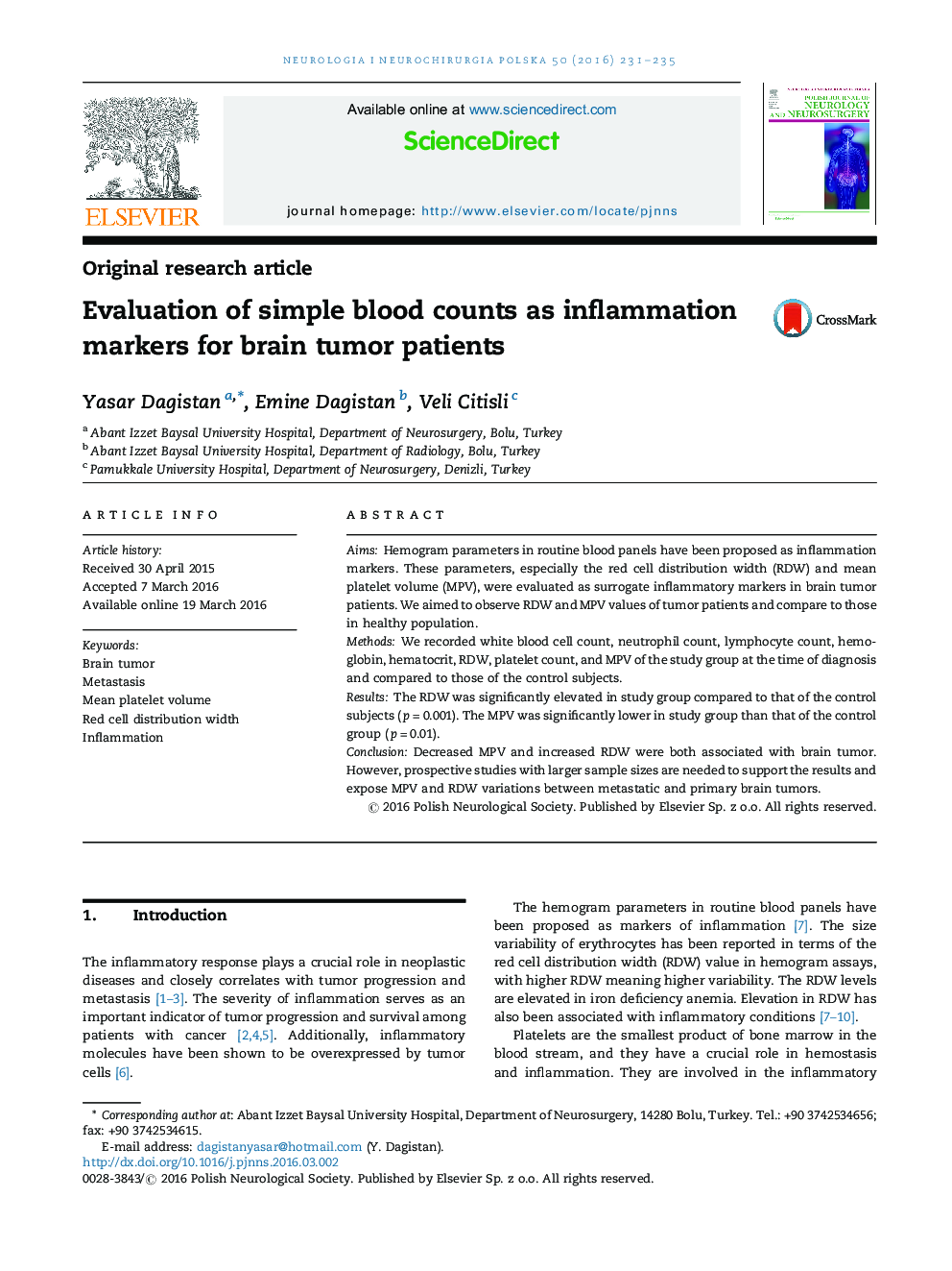 Evaluation of simple blood counts as inflammation markers for brain tumor patients