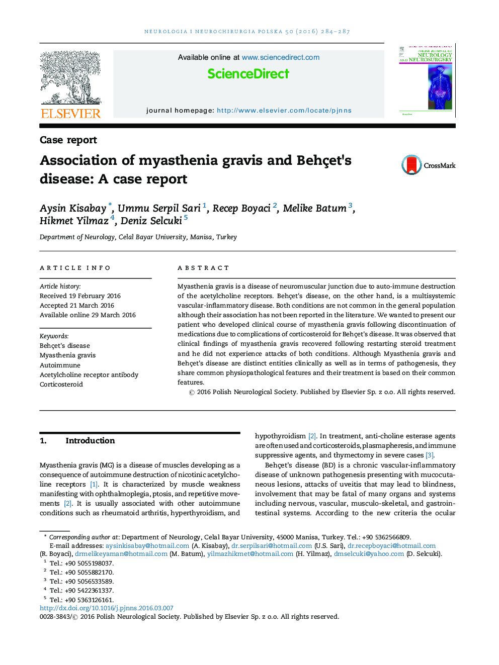 Association of myasthenia gravis and Behçet's disease: A case report