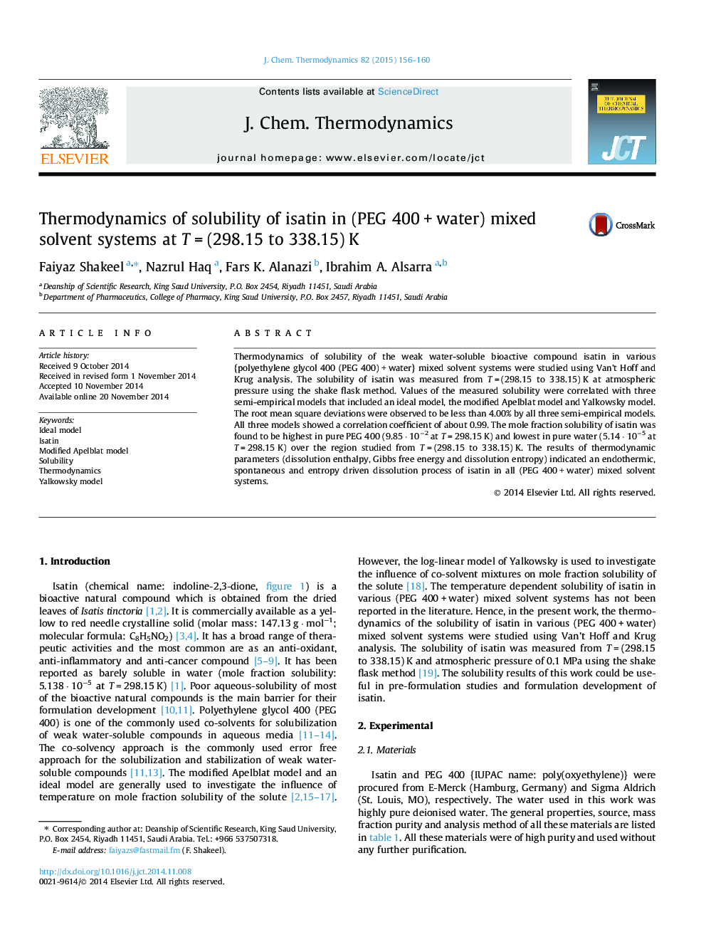 Thermodynamics of solubility of isatin in (PEG 400 + water) mixed solvent systems at T = (298.15 to 338.15) K