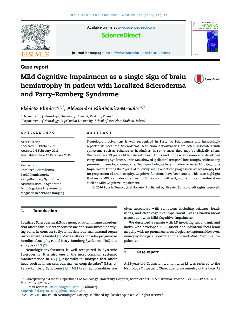 Mild Cognitive Impairment as a single sign of brain hemiatrophy in patient with Localized Scleroderma and Parry–Romberg Syndrome