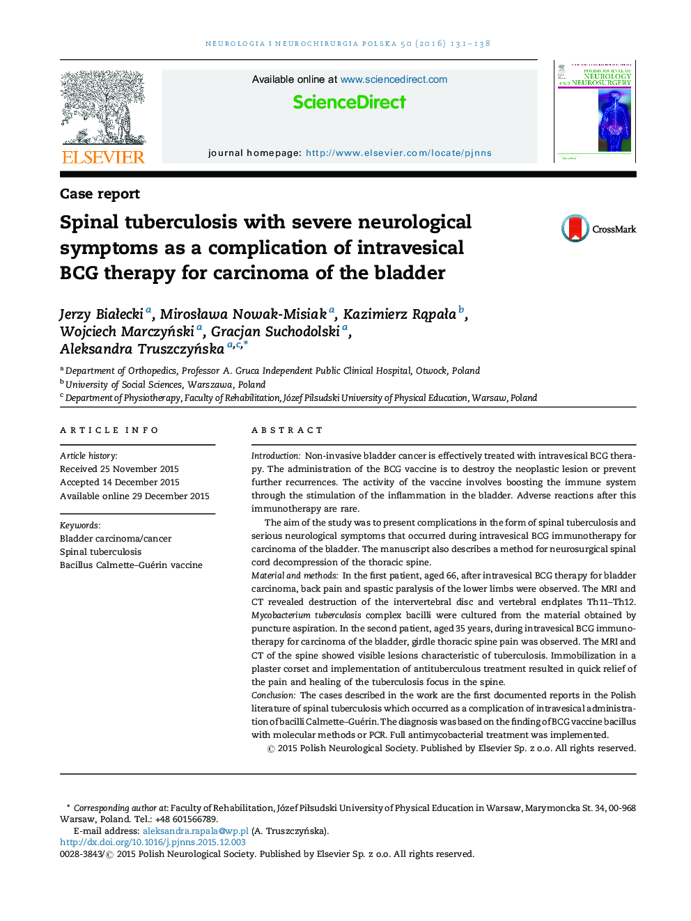 Spinal tuberculosis with severe neurological symptoms as a complication of intravesical BCG therapy for carcinoma of the bladder