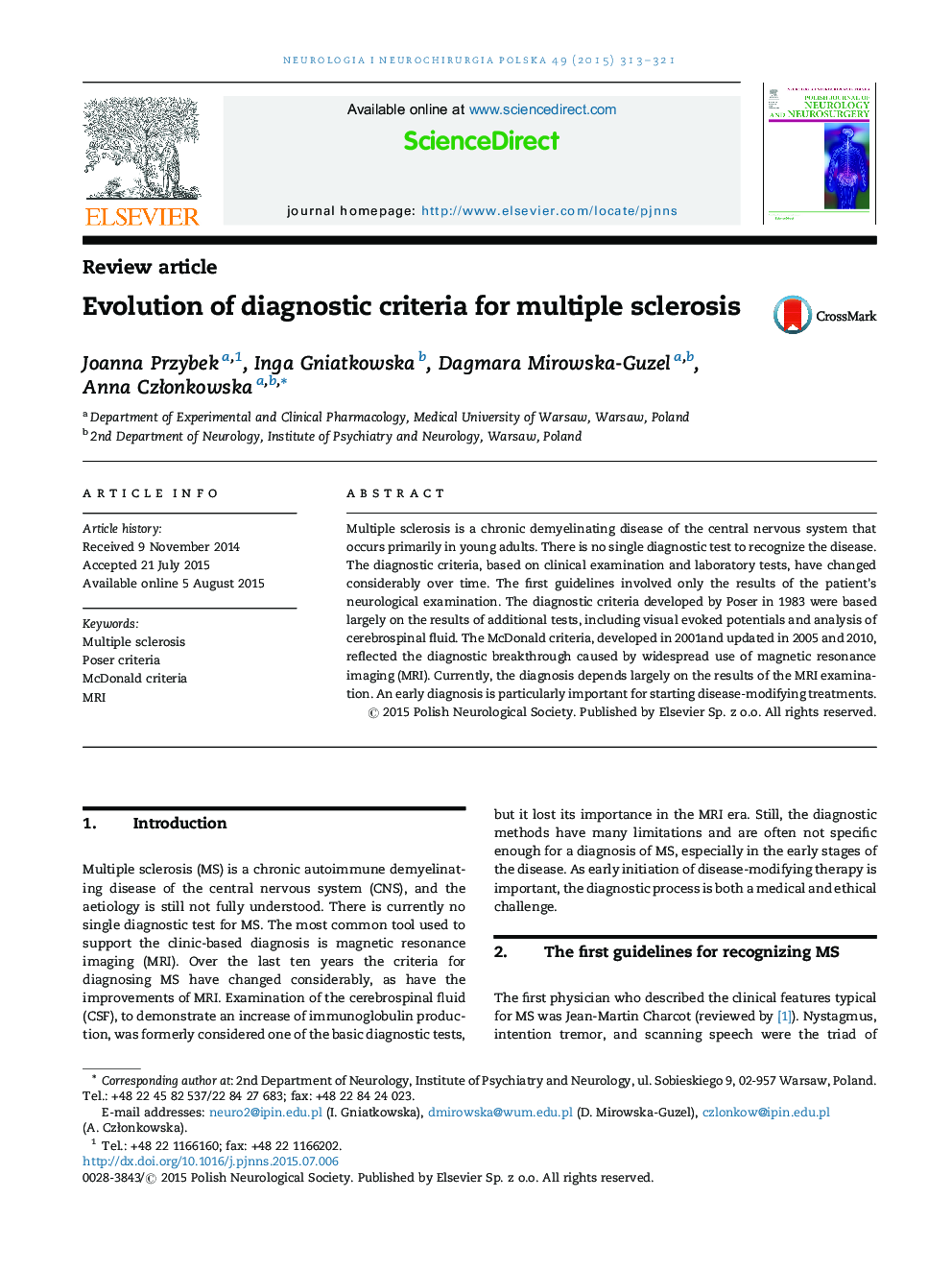 Evolution of diagnostic criteria for multiple sclerosis