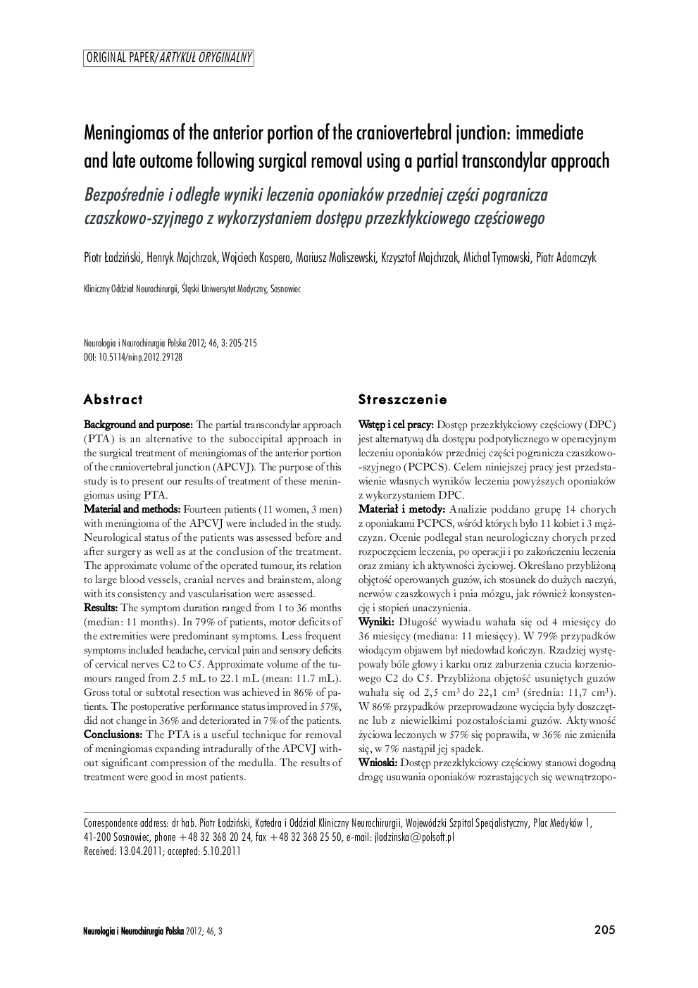 Meningiomas of the anterior portion of the craniovertebral junction: immediate and late outcome following surgical removal using a partial transcondylar approach