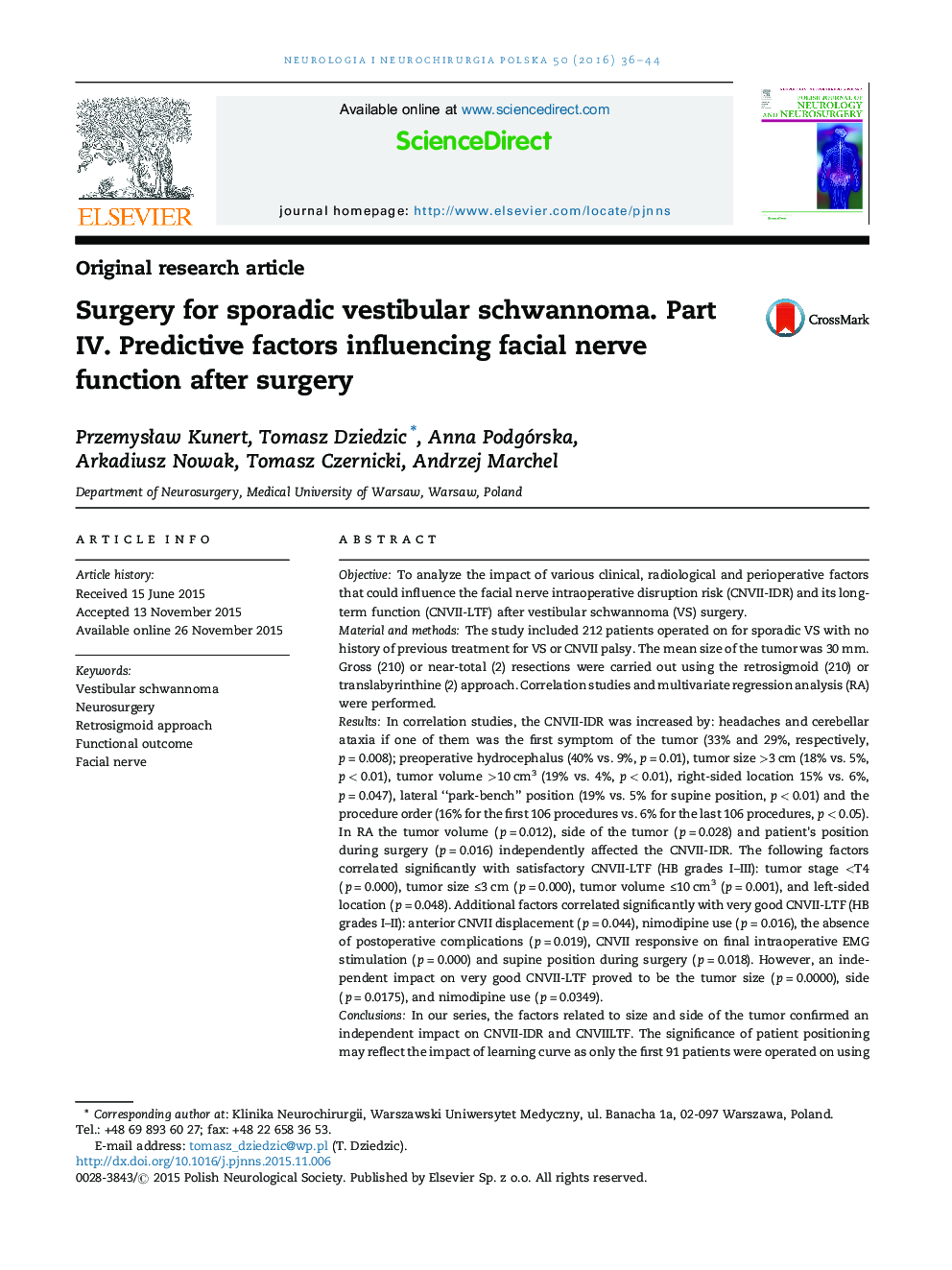 Surgery for sporadic vestibular schwannoma. Part IV. Predictive factors influencing facial nerve function after surgery