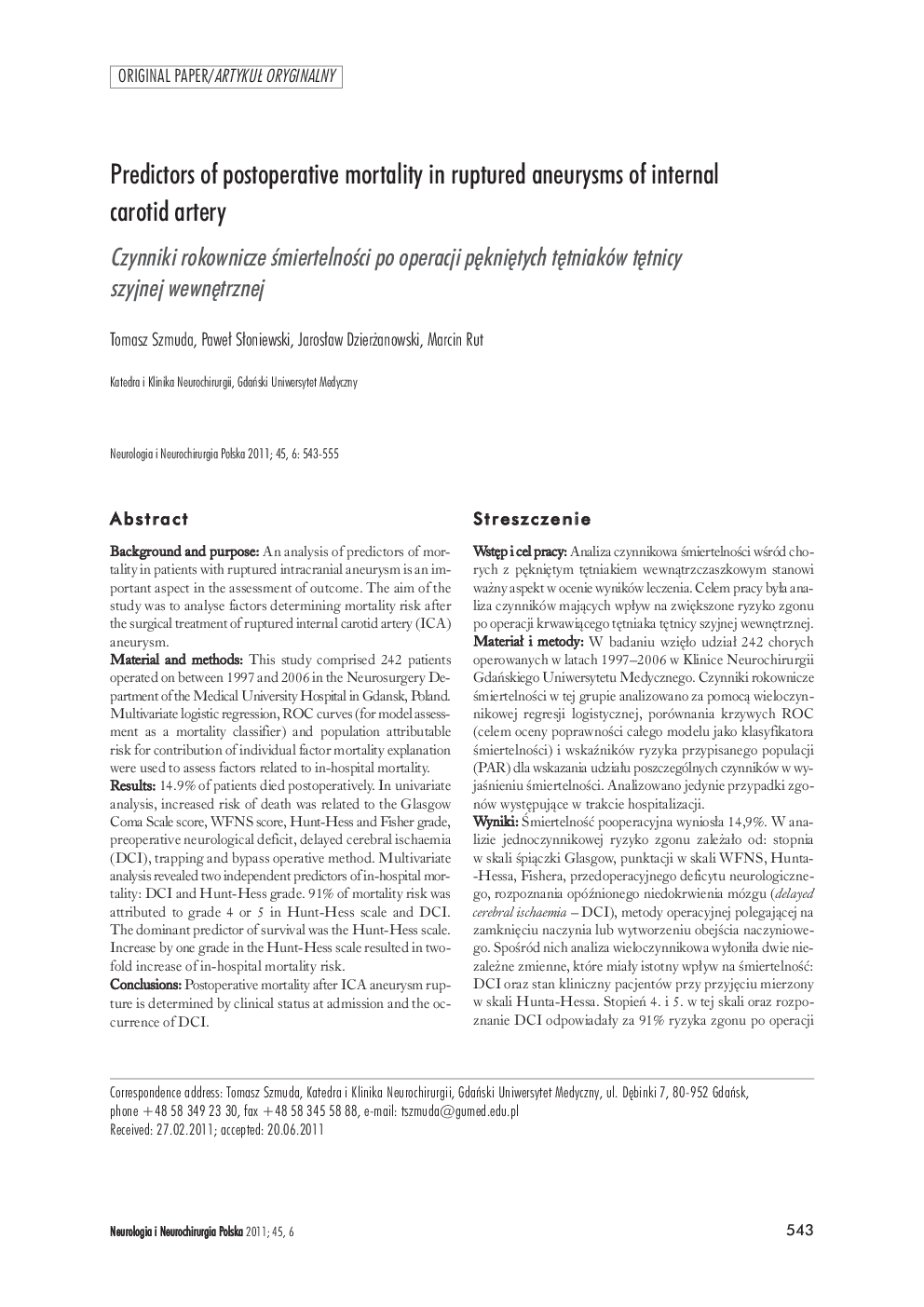 Predictors of postoperative mortality in ruptured aneurysms of internal carotid artery