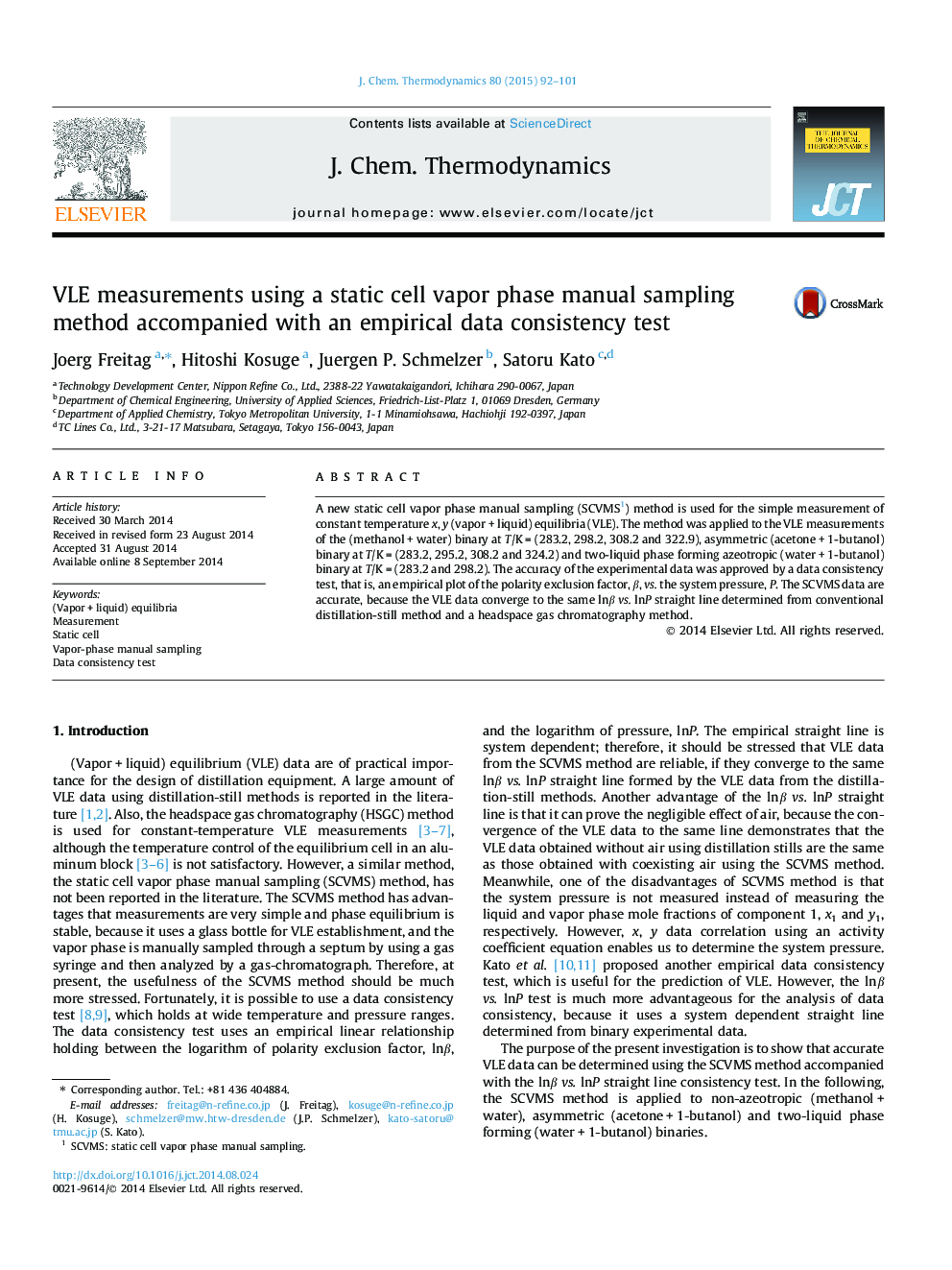 VLE measurements using a static cell vapor phase manual sampling method accompanied with an empirical data consistency test