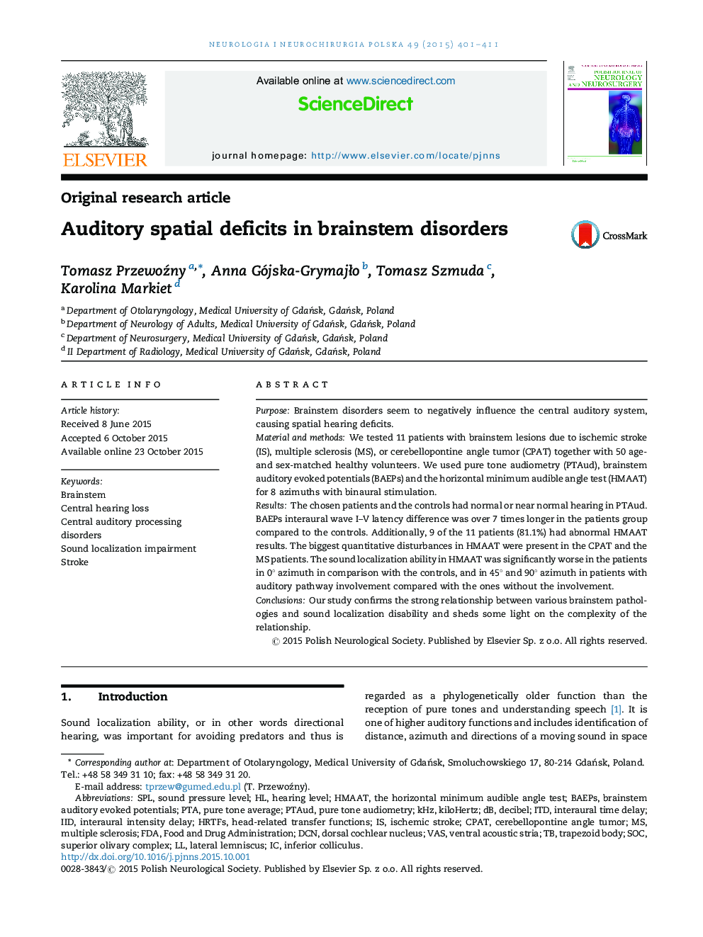 Auditory spatial deficits in brainstem disorders