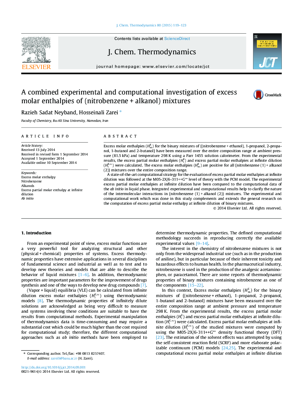 A combined experimental and computational investigation of excess molar enthalpies of (nitrobenzene + alkanol) mixtures