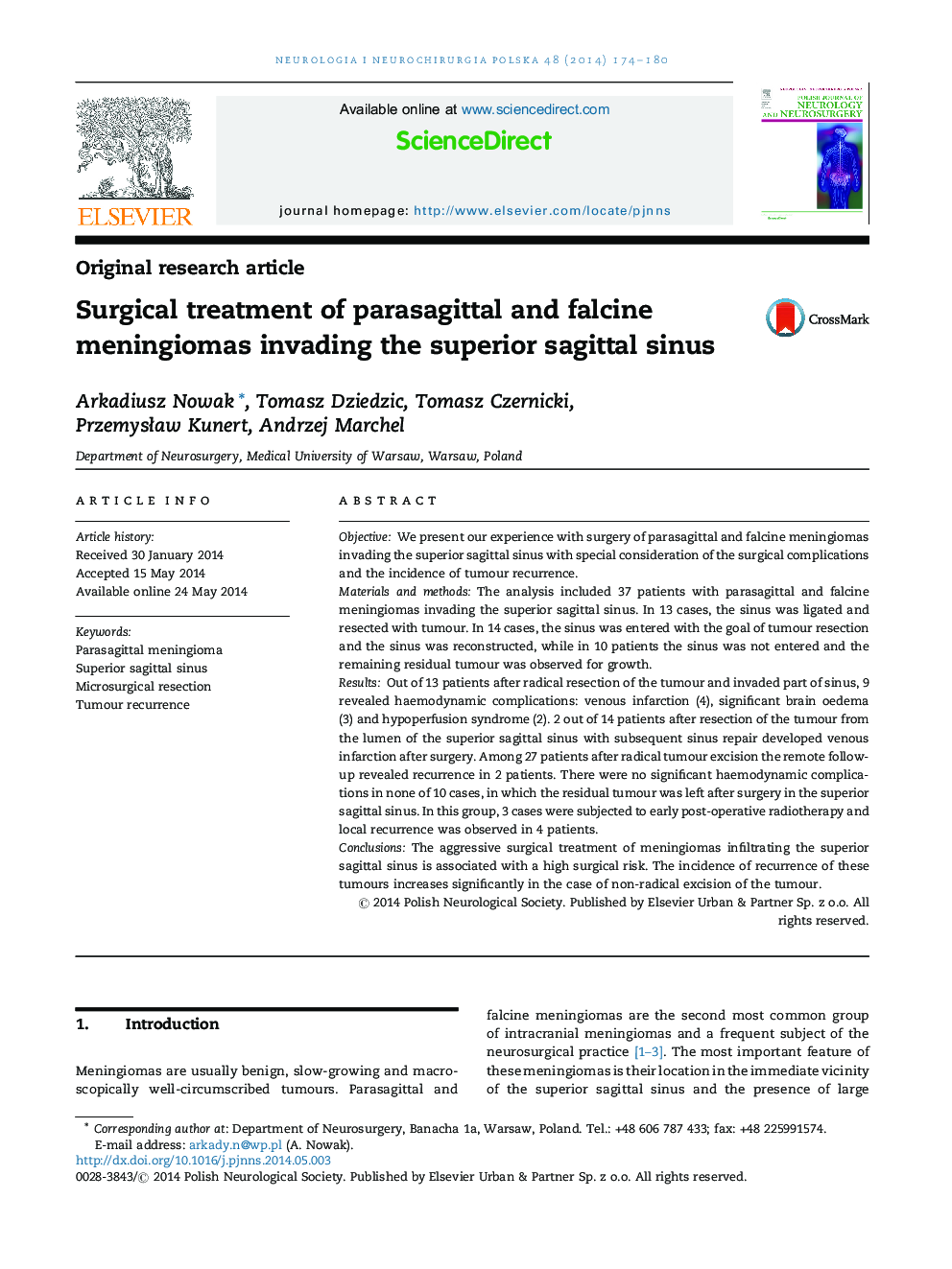 Surgical treatment of parasagittal and falcine meningiomas invading the superior sagittal sinus