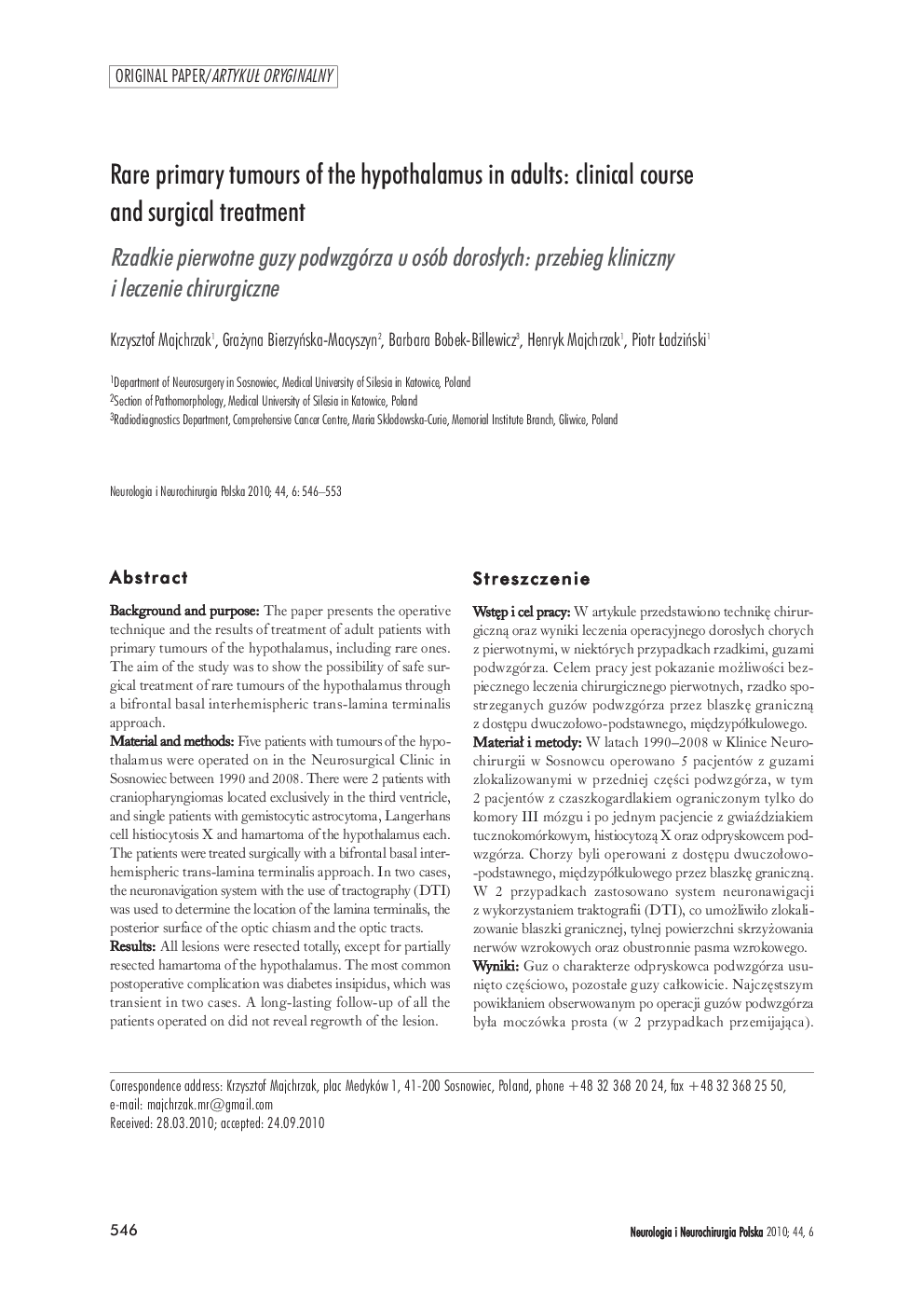 Rare primary tumours of the hypothalamus in adults: clinical course and surgical treatment