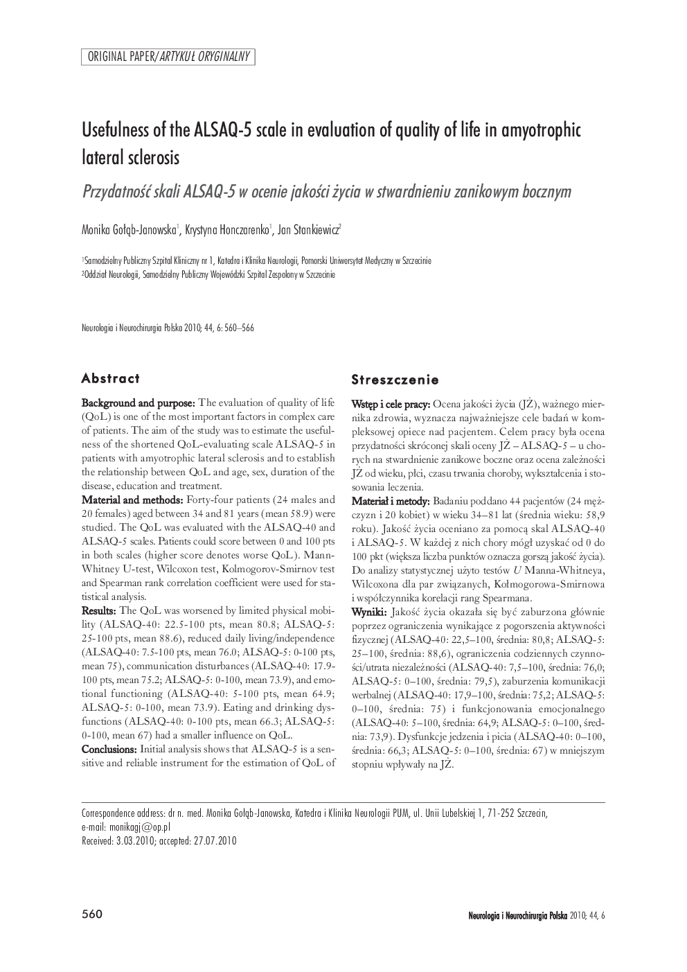Usefulness of the ALSAQ-5 scale in evaluation of quality of life in amyotrophic lateral sclerosis