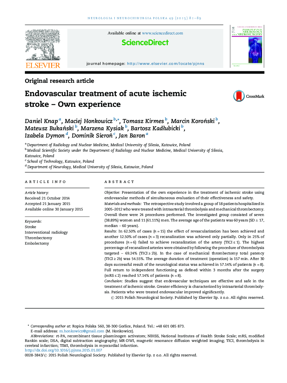 Endovascular treatment of acute ischemic stroke – Own experience
