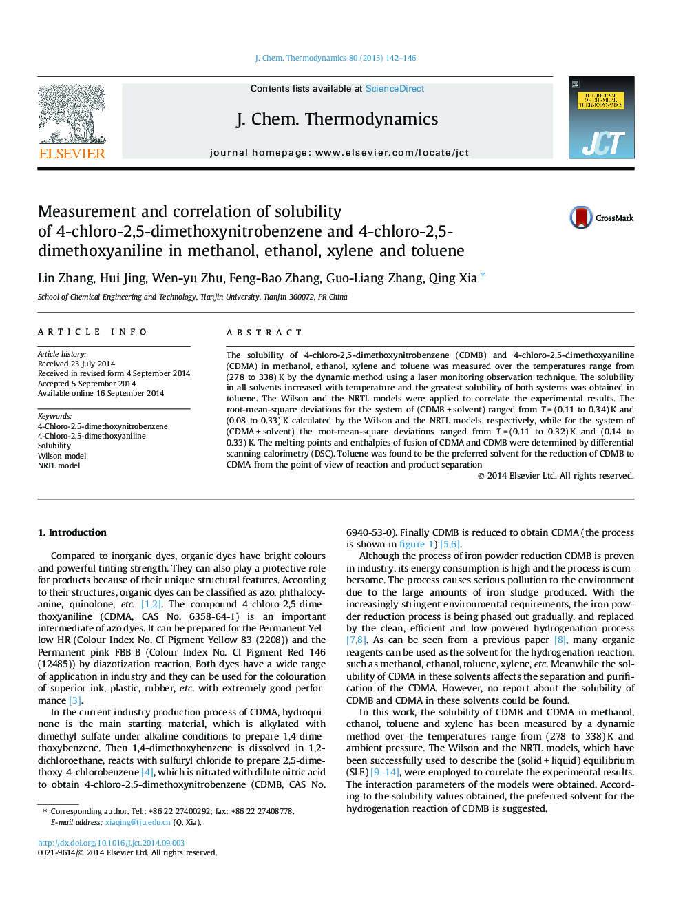 Measurement and correlation of solubility of 4-chloro-2,5-dimethoxynitrobenzene and 4-chloro-2,5-dimethoxyaniline in methanol, ethanol, xylene and toluene