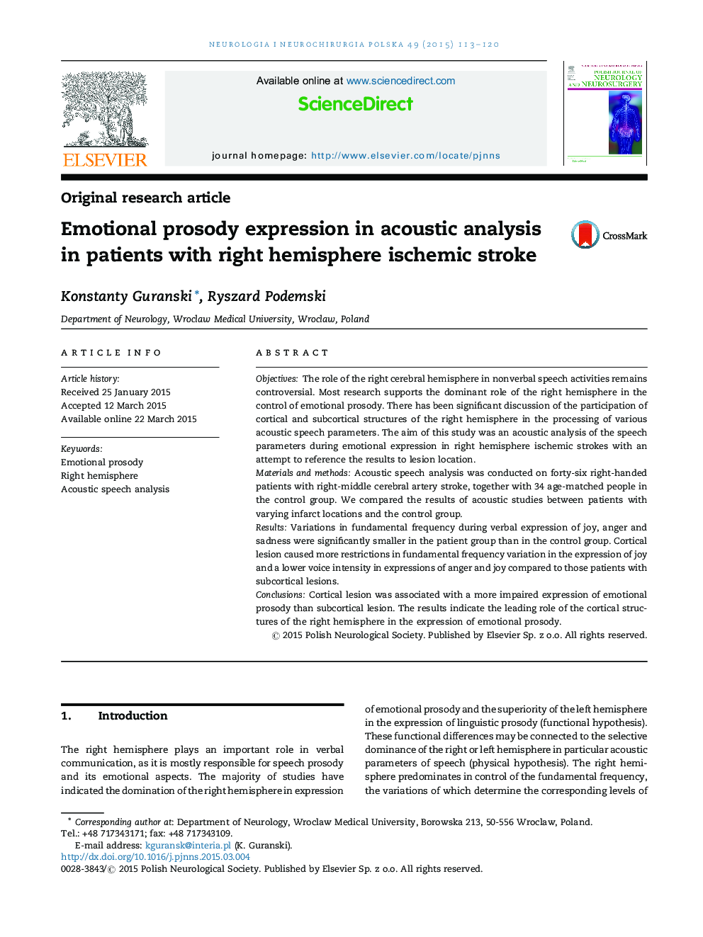 Emotional prosody expression in acoustic analysis in patients with right hemisphere ischemic stroke