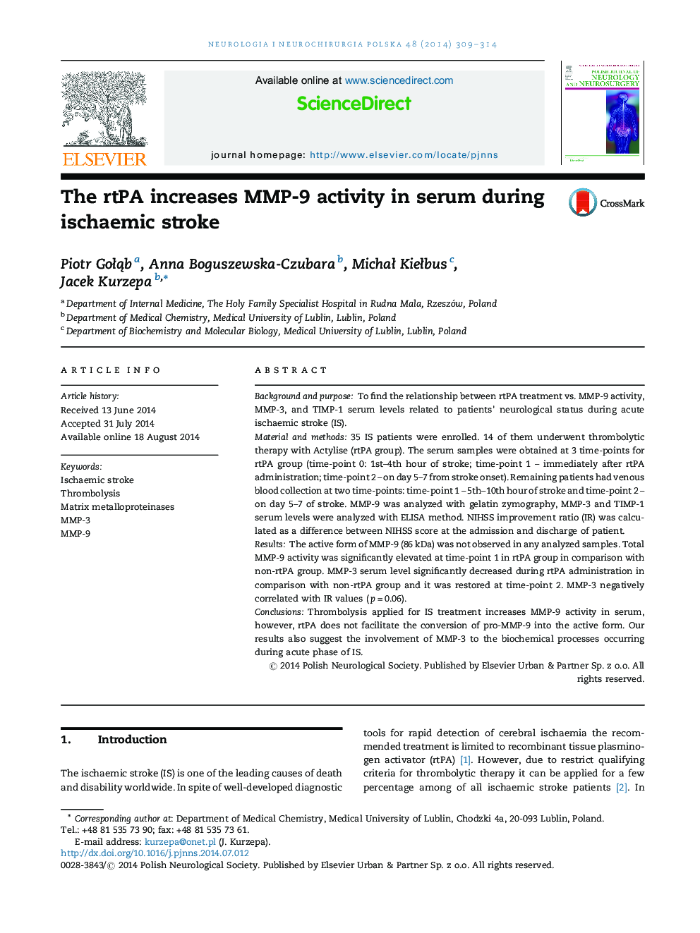 The rtPA increases MMP-9 activity in serum during ischaemic stroke