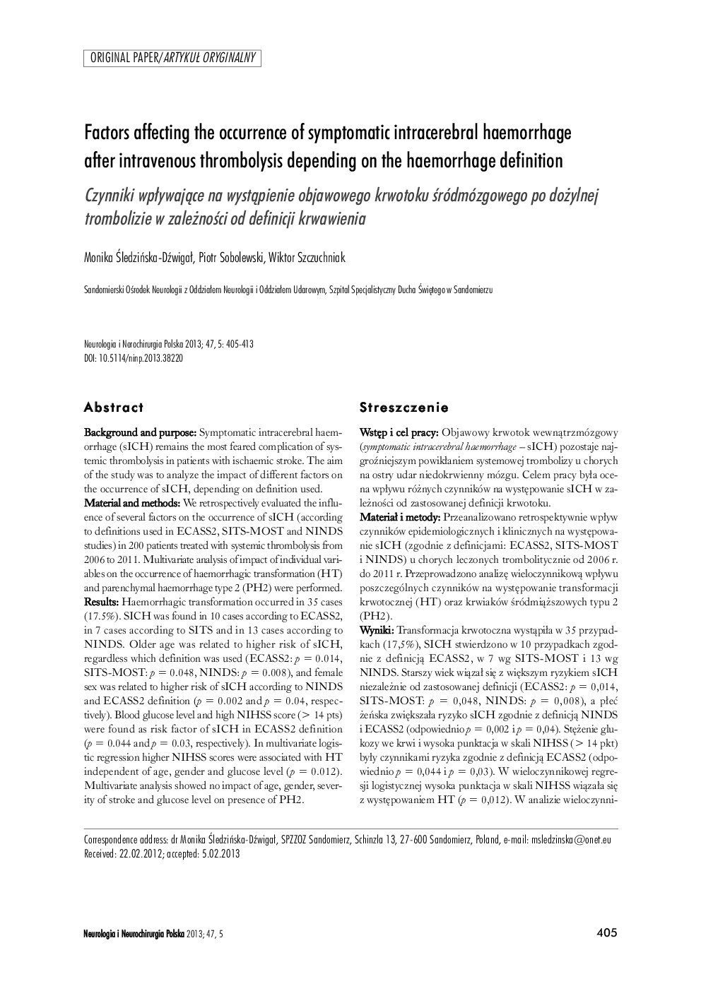 Factors affecting the occurrence of symptomatic intracerebral haemorrhage after intravenous thrombolysis depending on the haemorrhage definition
