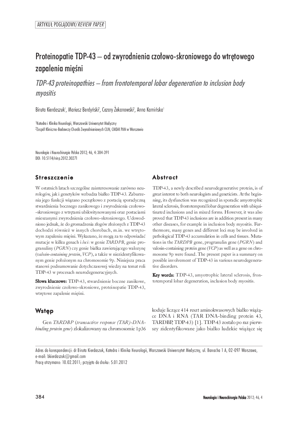 Proteinopatie TDP-43 – od zwyrodnienia czołowo-skroniowego do wtrętowego zapalenia mięśni