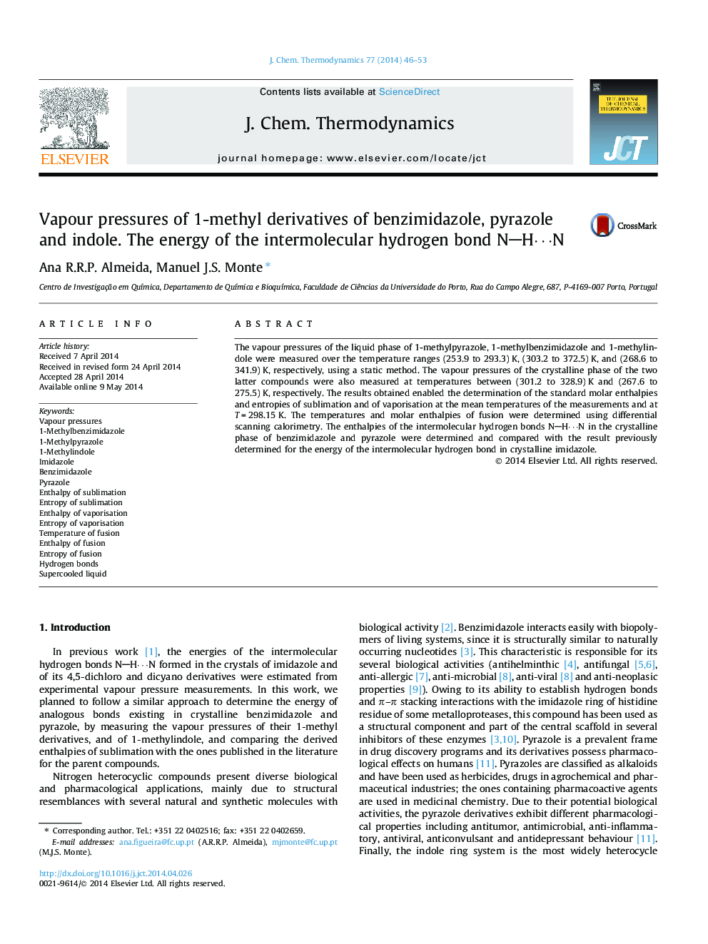 Vapour pressures of 1-methyl derivatives of benzimidazole, pyrazole and indole. The energy of the intermolecular hydrogen bond NH⋯N