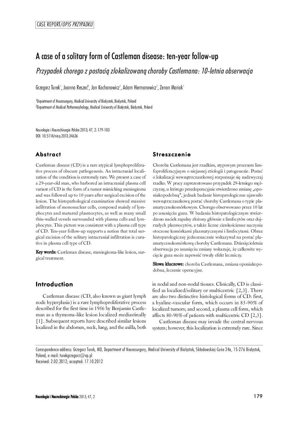 A case of a solitary form of Castleman disease: ten-year follow-up