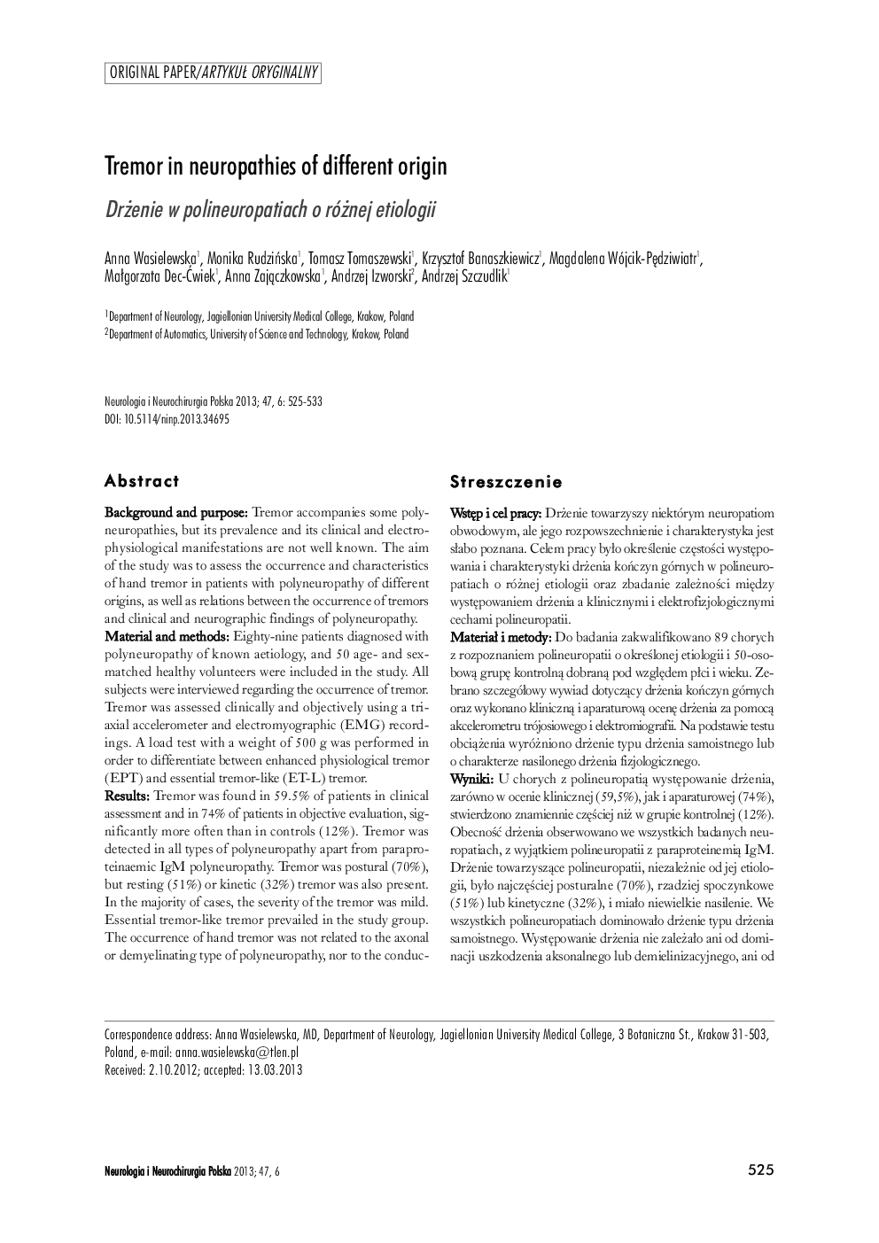 Tremor in neuropathies of different origin