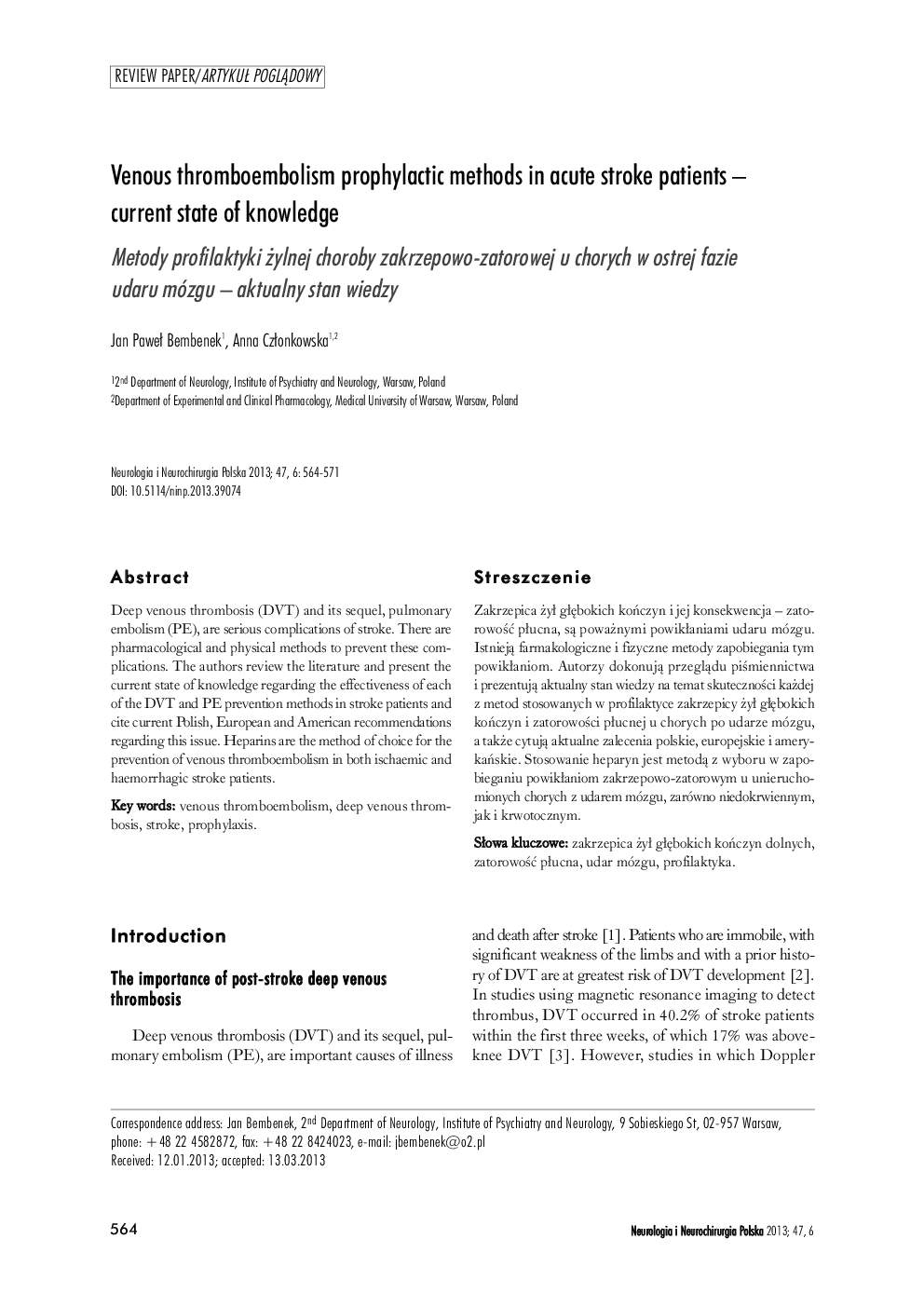 Venous thromboembolism prophylactic methods in acute stroke patients – current state of knowledge