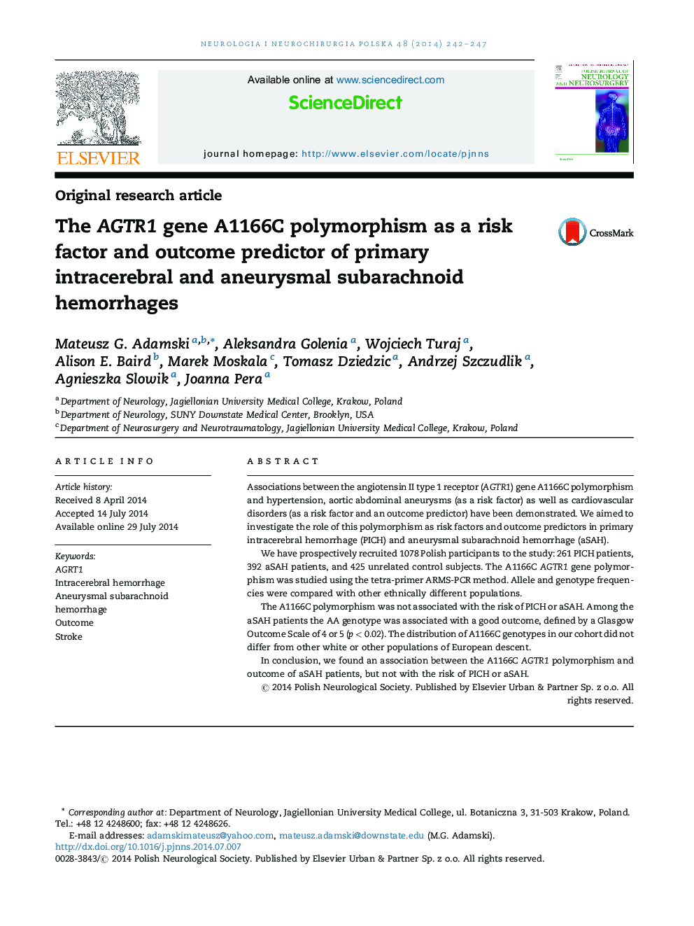 The AGTR1 gene A1166C polymorphism as a risk factor and outcome predictor of primary intracerebral and aneurysmal subarachnoid hemorrhages