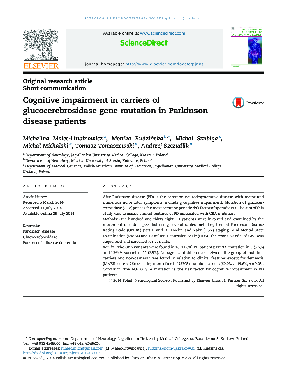 Cognitive impairment in carriers of glucocerebrosidase gene mutation in Parkinson disease patients