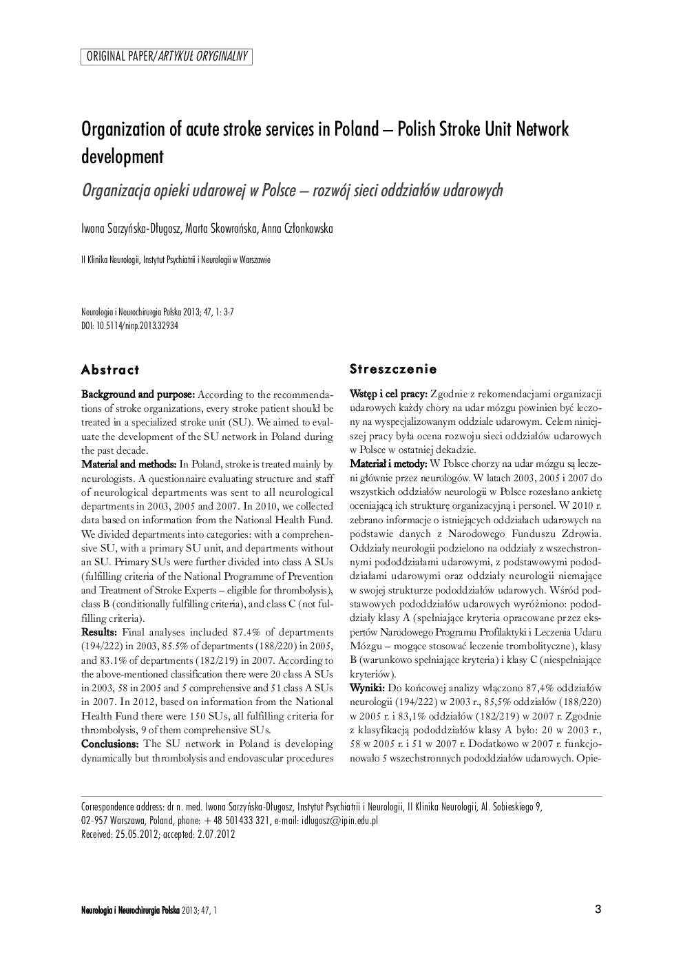 Organization of acute stroke services in Poland – Polish Stroke Unit Network development